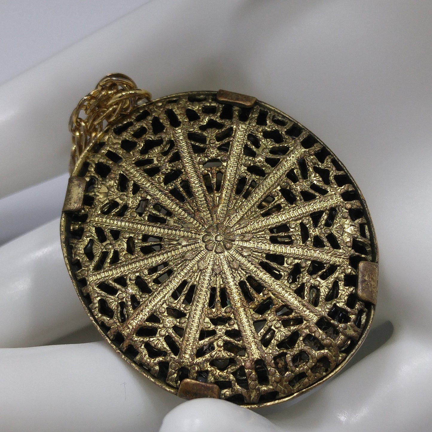 Antique Green Czech Glass Filigree Pendant, Mid Century Chain, 1920s Pendant Jewelry