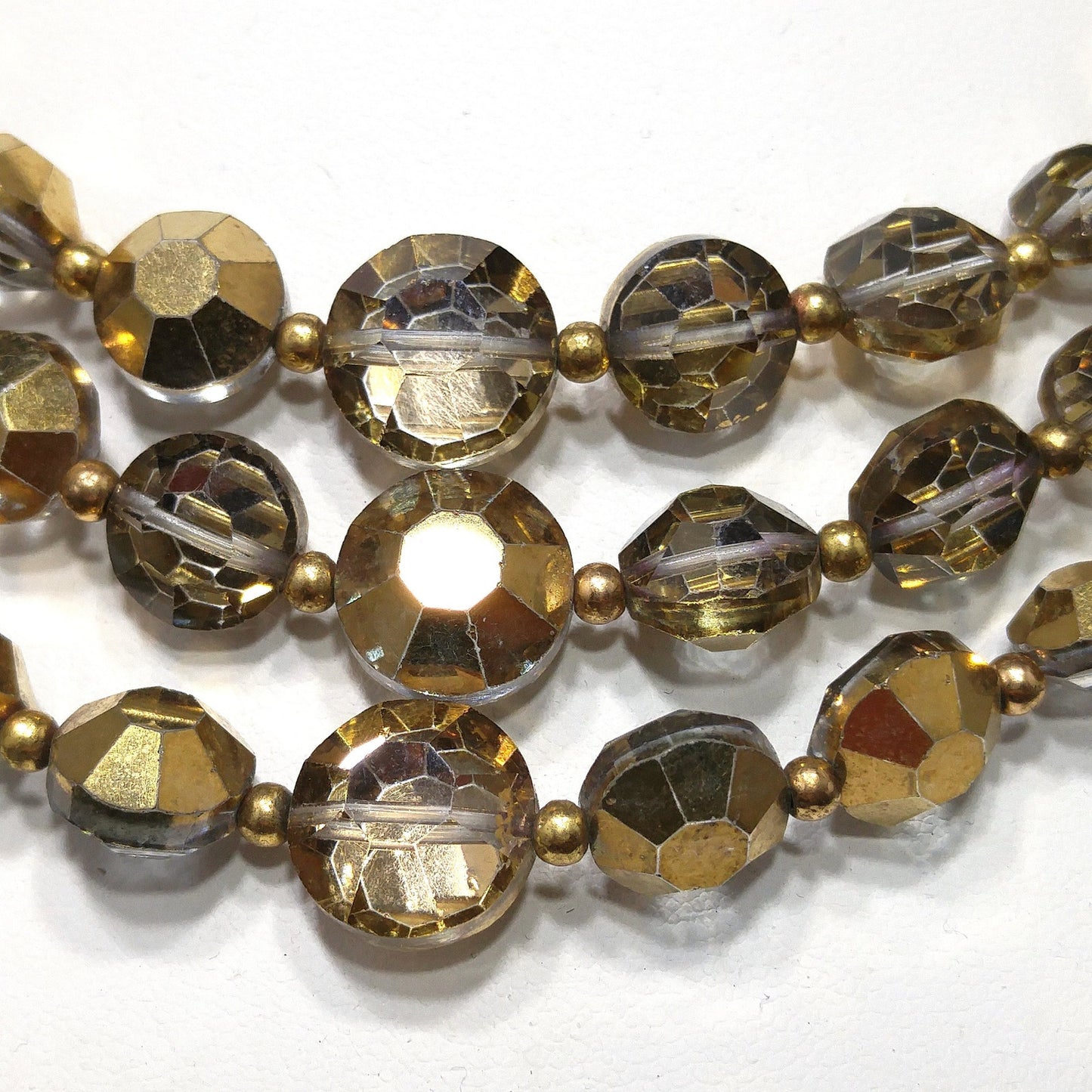Mid-Century Gold Aspirin Crystal Bead Necklace, Three Strands, 1960s Vintage Jewelry