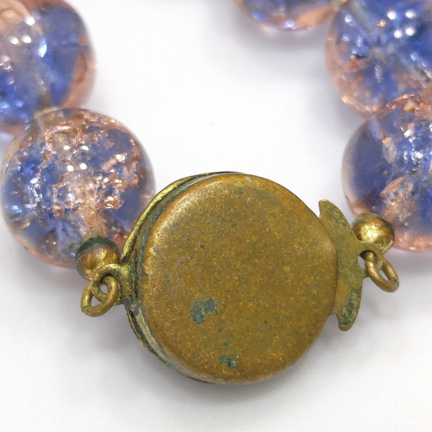 Blue Pink Crackle Glass Beaded Necklace, Filigree Brass Clasp, 1950s Vintage Jewelry