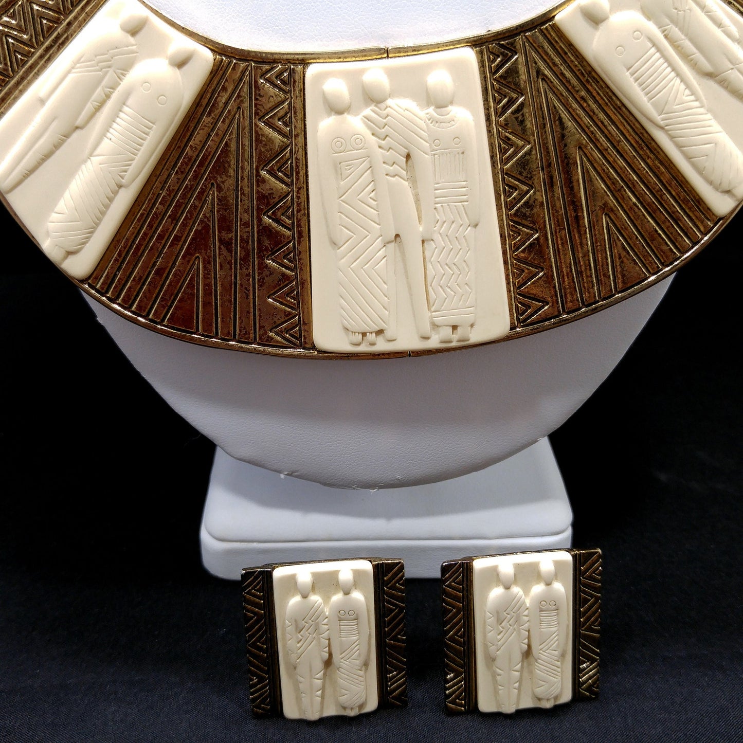 Laurel Burch Tribal Necklace & Clip Earrings, Lucite Gold Plate, 1980s Vintage Jewelry