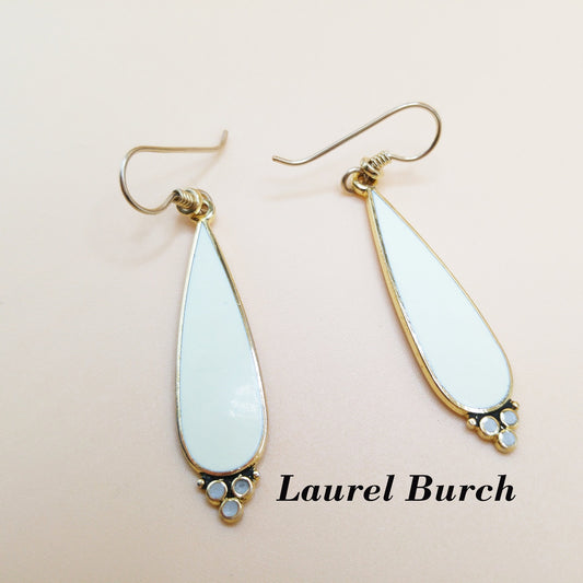 Laurel Burch Cream White Drop Earrings, Gold Plated, 1980s Vintage Jewelry