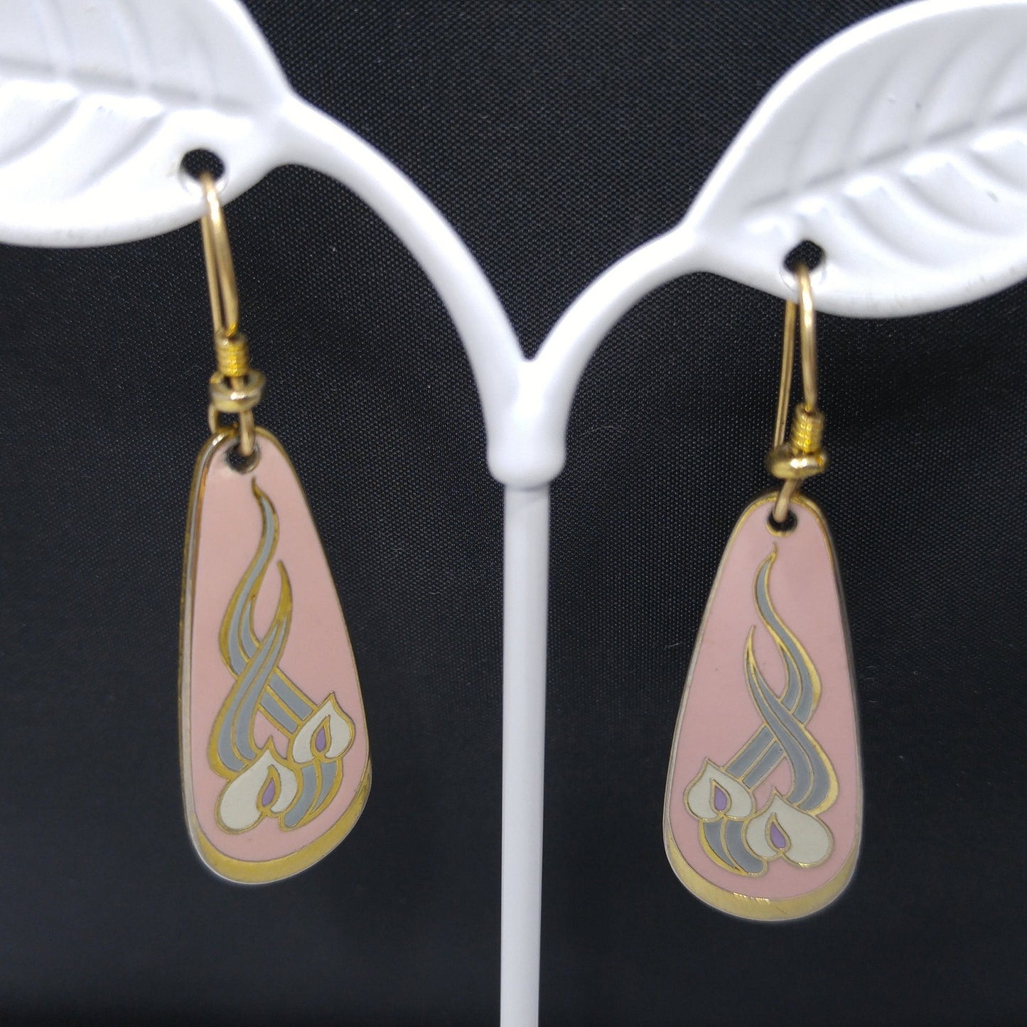 Laurel Burch "Wild Anthurium" Pink Dangle Earrings, Gold Plated, Cloisonné Enamel, 1980s Vintage Jewelry
