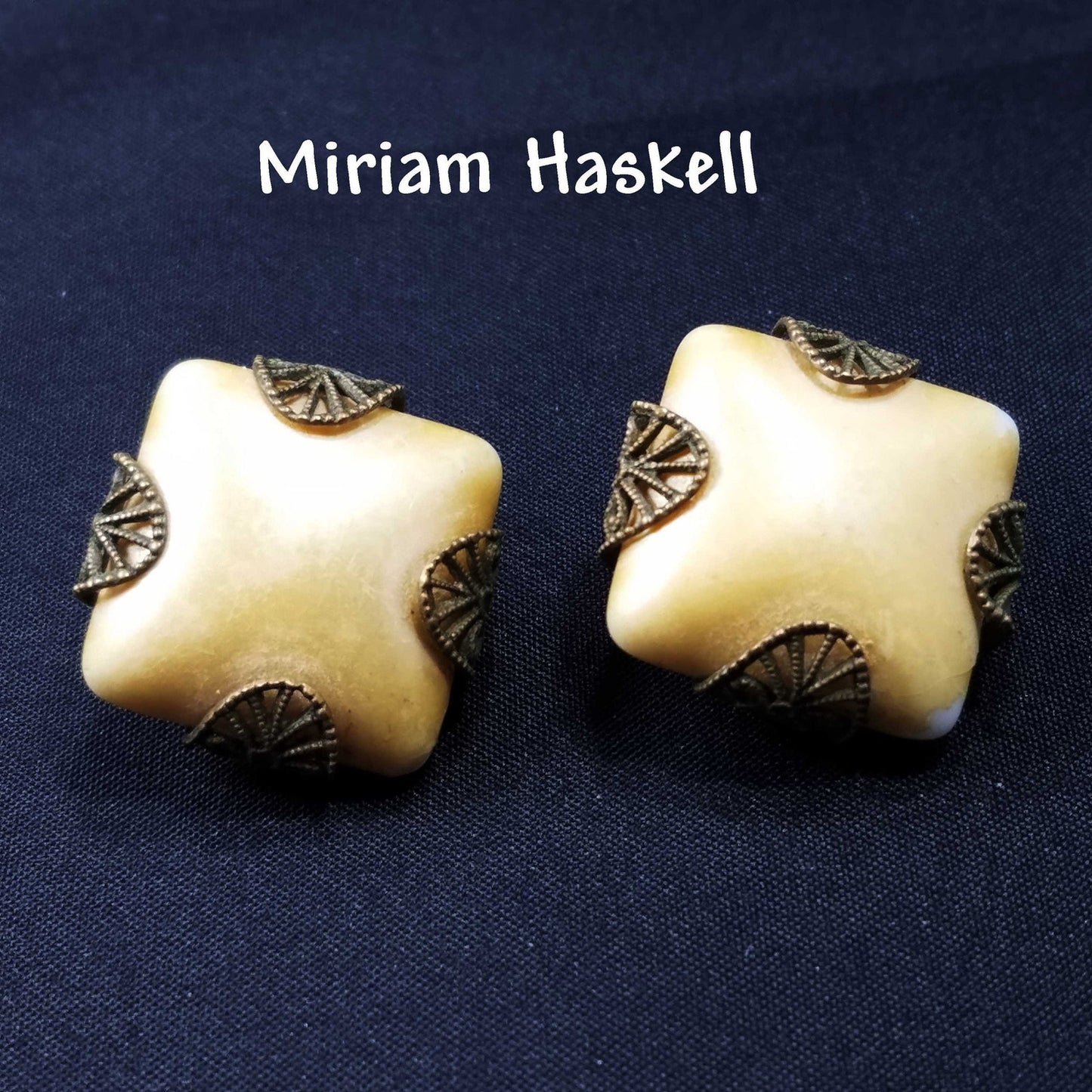 Miriam Haskell Clip Earrings, Gold Tone Pearl Cabochon, Filigree Brass, 1940s Vintage Jewelry