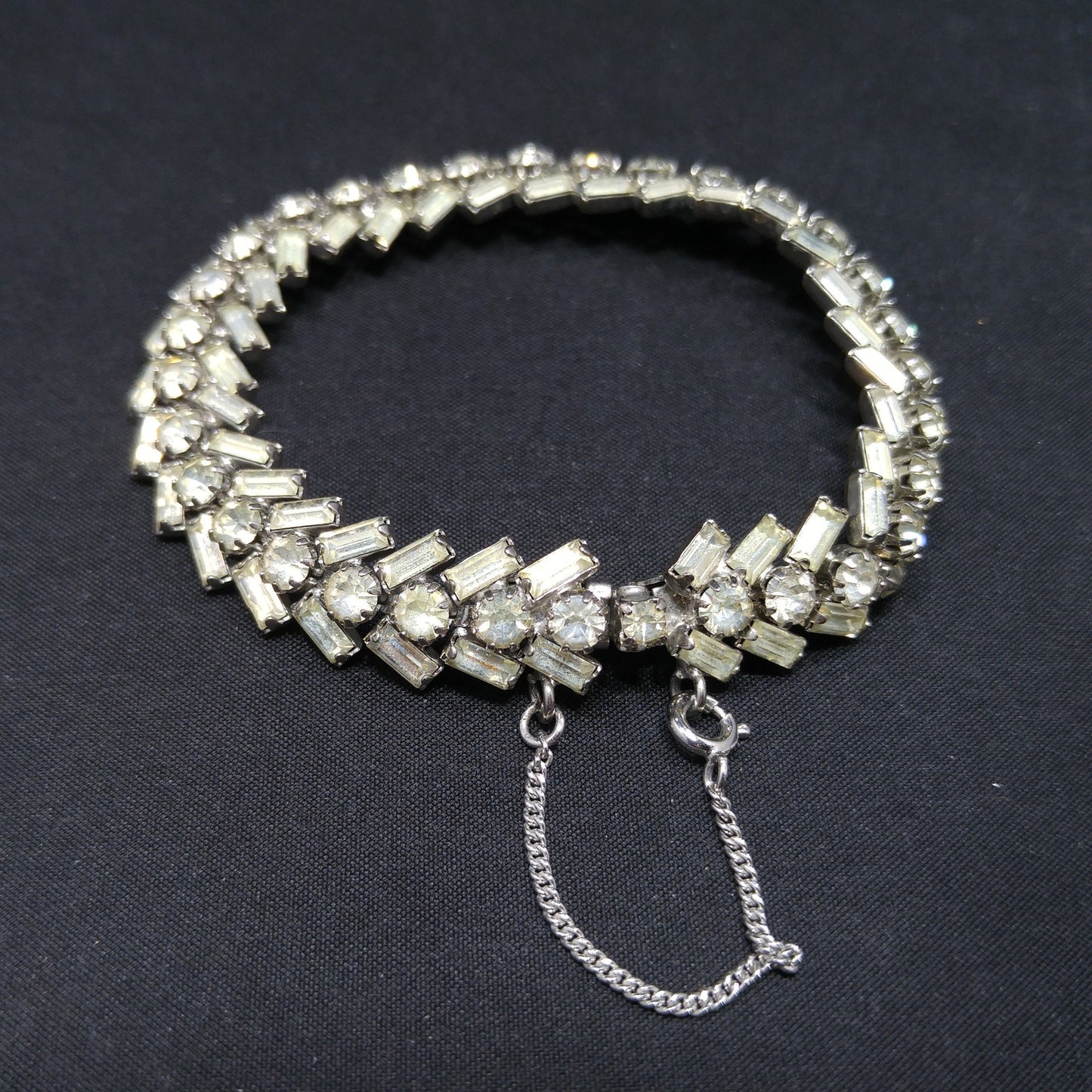 Weiss Clear Rhinestone Bracelet, Rhodium Plating, Safety Chain, 1940s Weiss