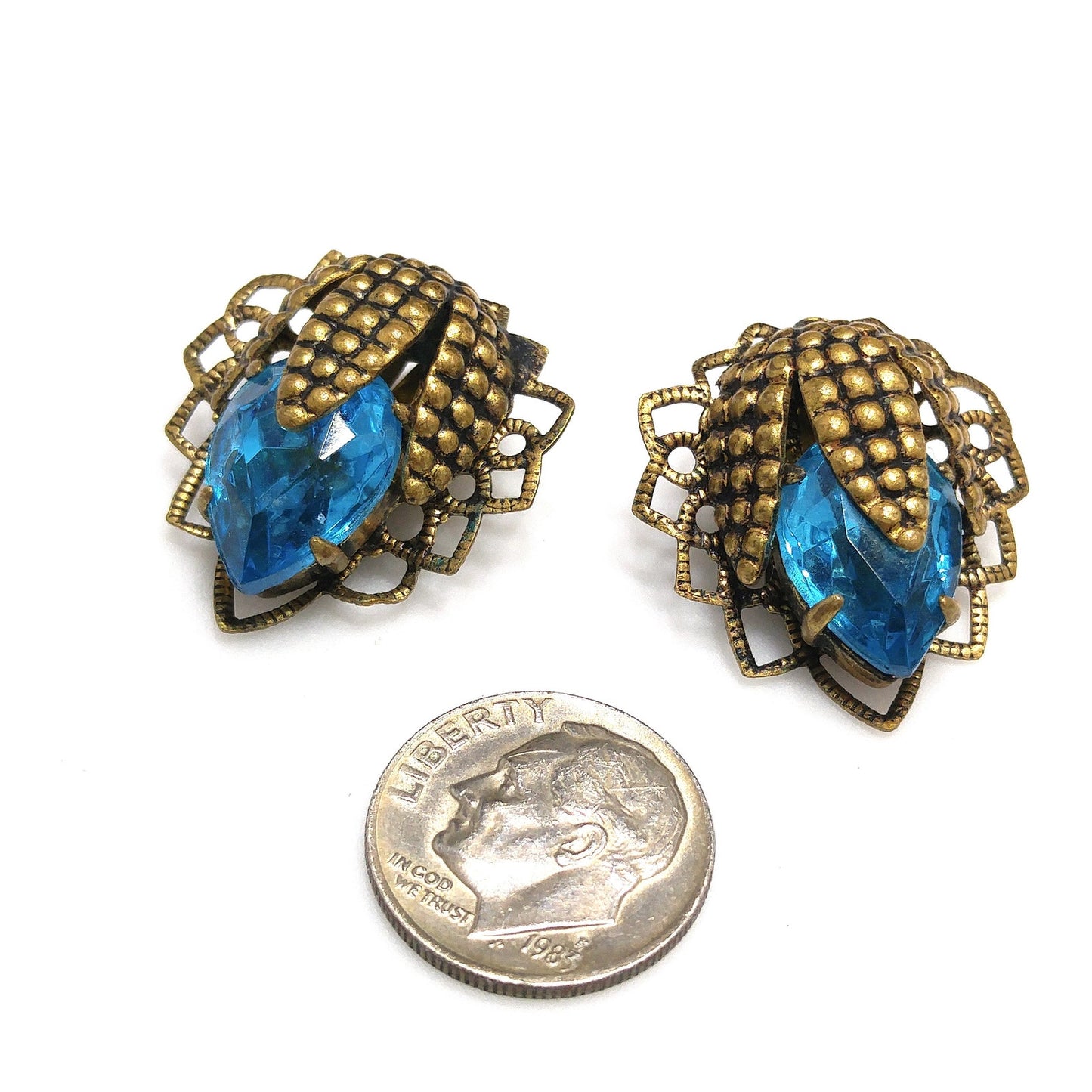 Germany Turquoise Filigree Clip Earrings, Large Rhinestone, 1940s Vintage Jewelry