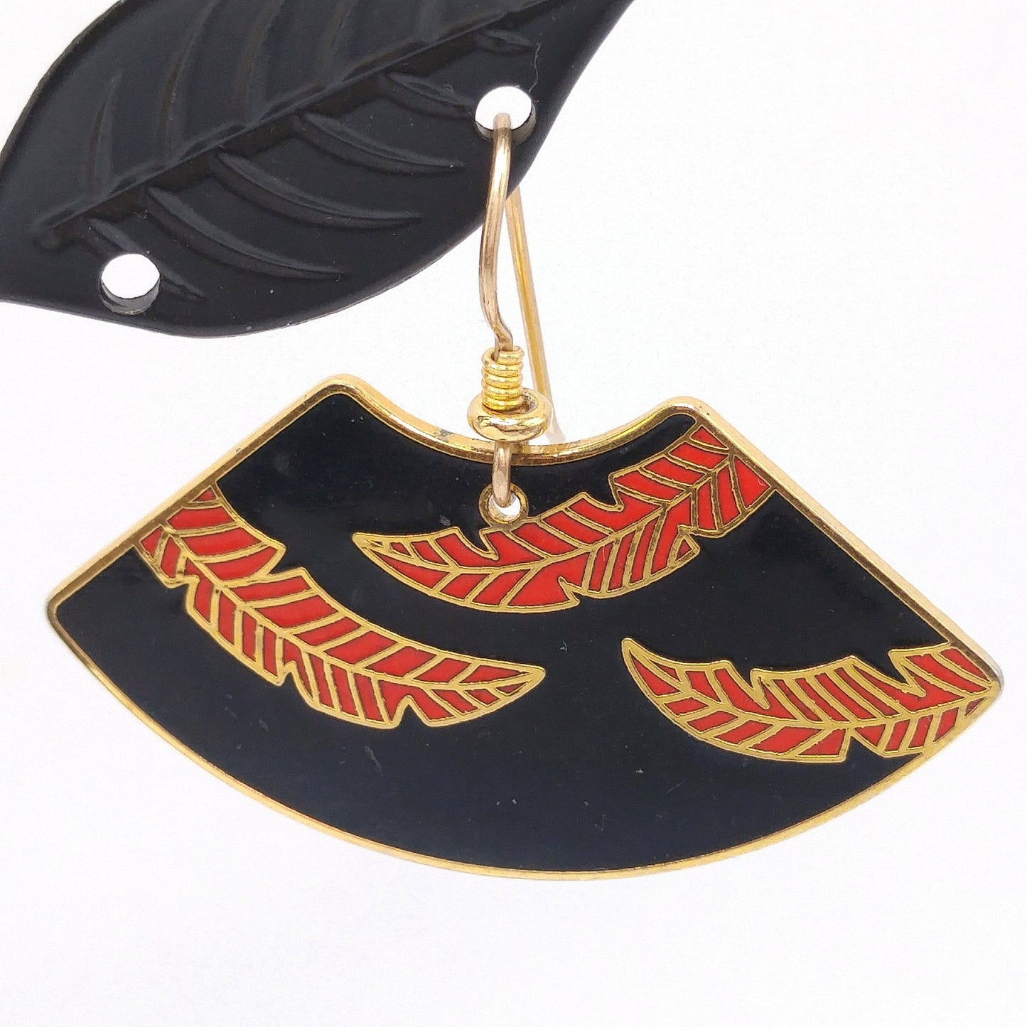 Laurel Burch "Palm Leaves" Earrings, Red Black Enamel, Gold Plated, 1980s Vintage Jewelry