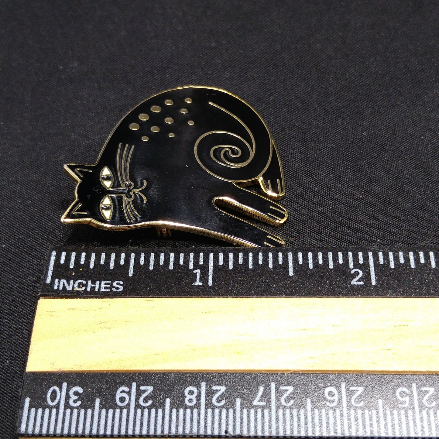 Vintage Laurel Burch Black "Keshire Cat" Brooch, Gold Plate, Black Enamel, 1980s