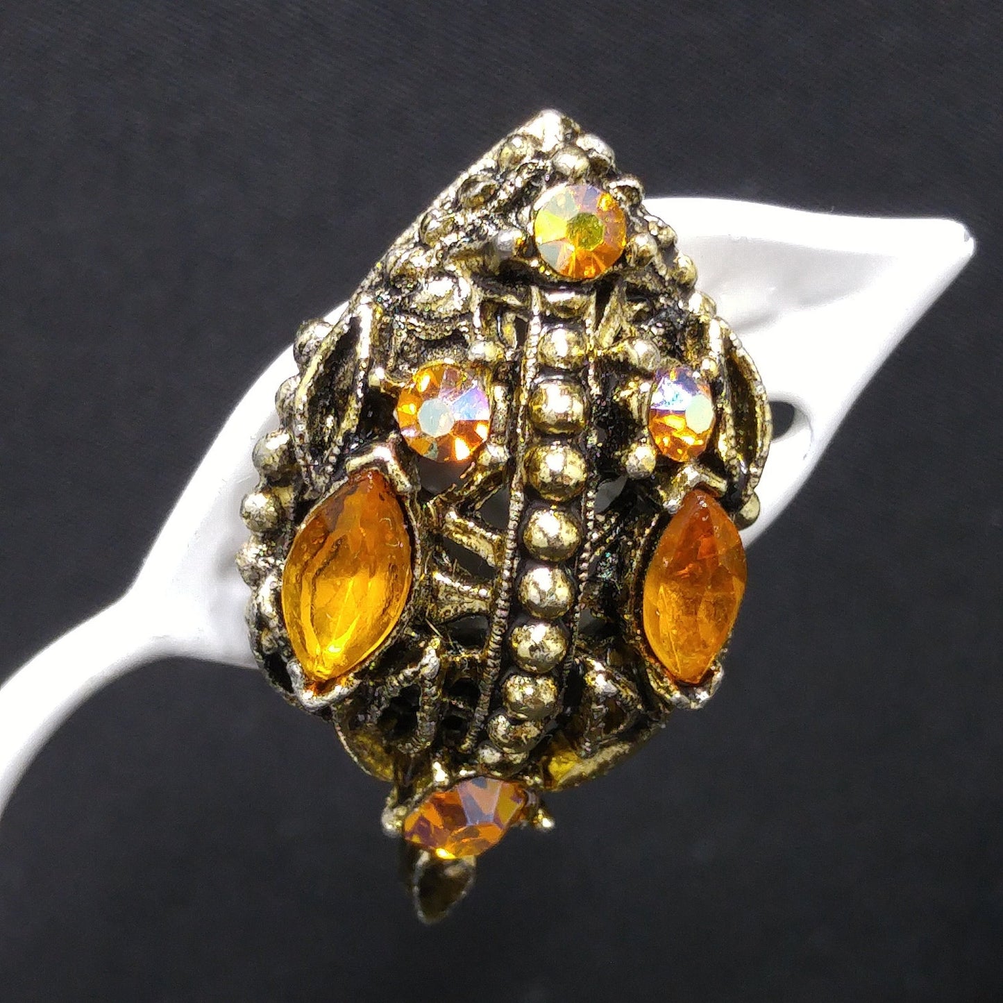 Light Topaz AB Rhinestone Leaves Brooch Earrings Set, 1970s Vintage Jewelry