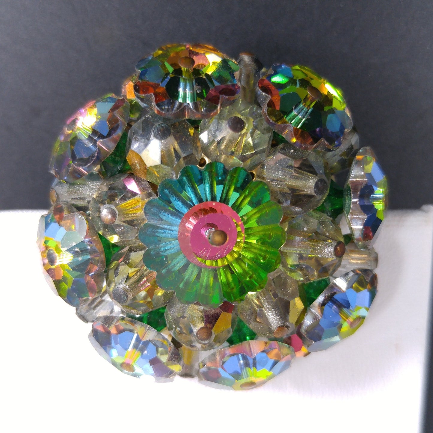 Margarita Rhinestone Round Brooch, Green Pink Blue Floral Crystals, 1960s Vintage Jewelry