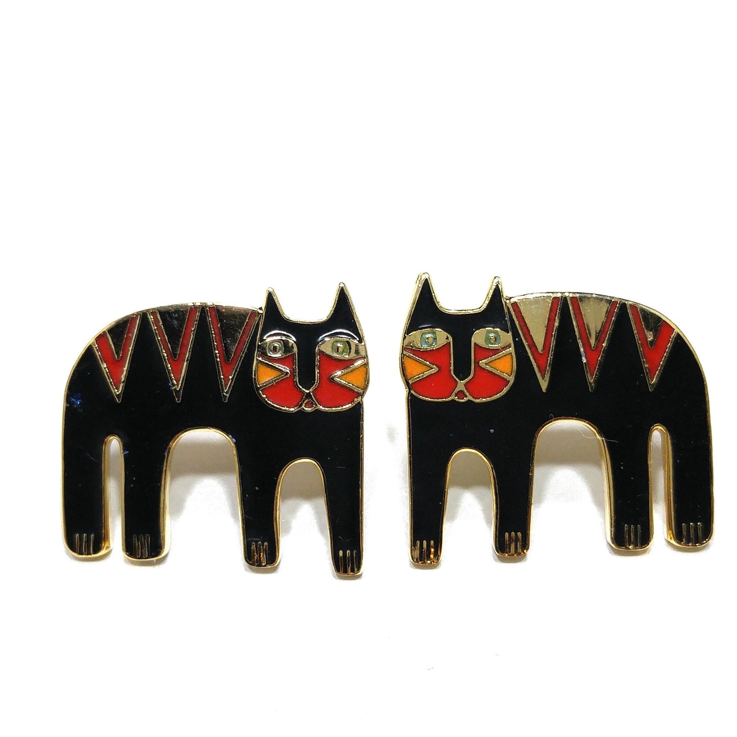 Vintage Laurel Burch Black Cat Post Earrings, Black Red Enamel, Gold Plated