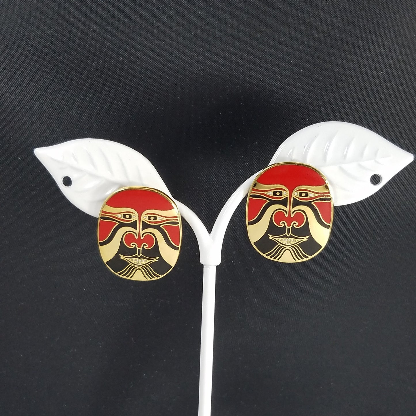 Vintage Laurel Burch "Eiko" Mask Earrings, Red Tribal Pierced Earrings, 1990s