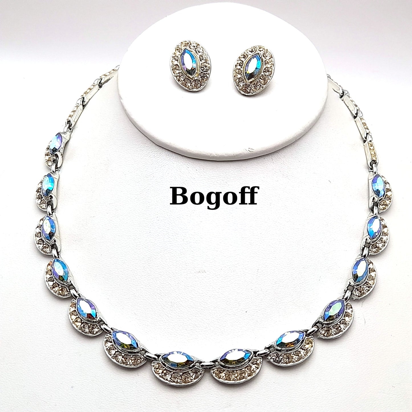 Bogoff Blue Rhinestone Rhodium Plated Choker Necklace Clip Earrings Set