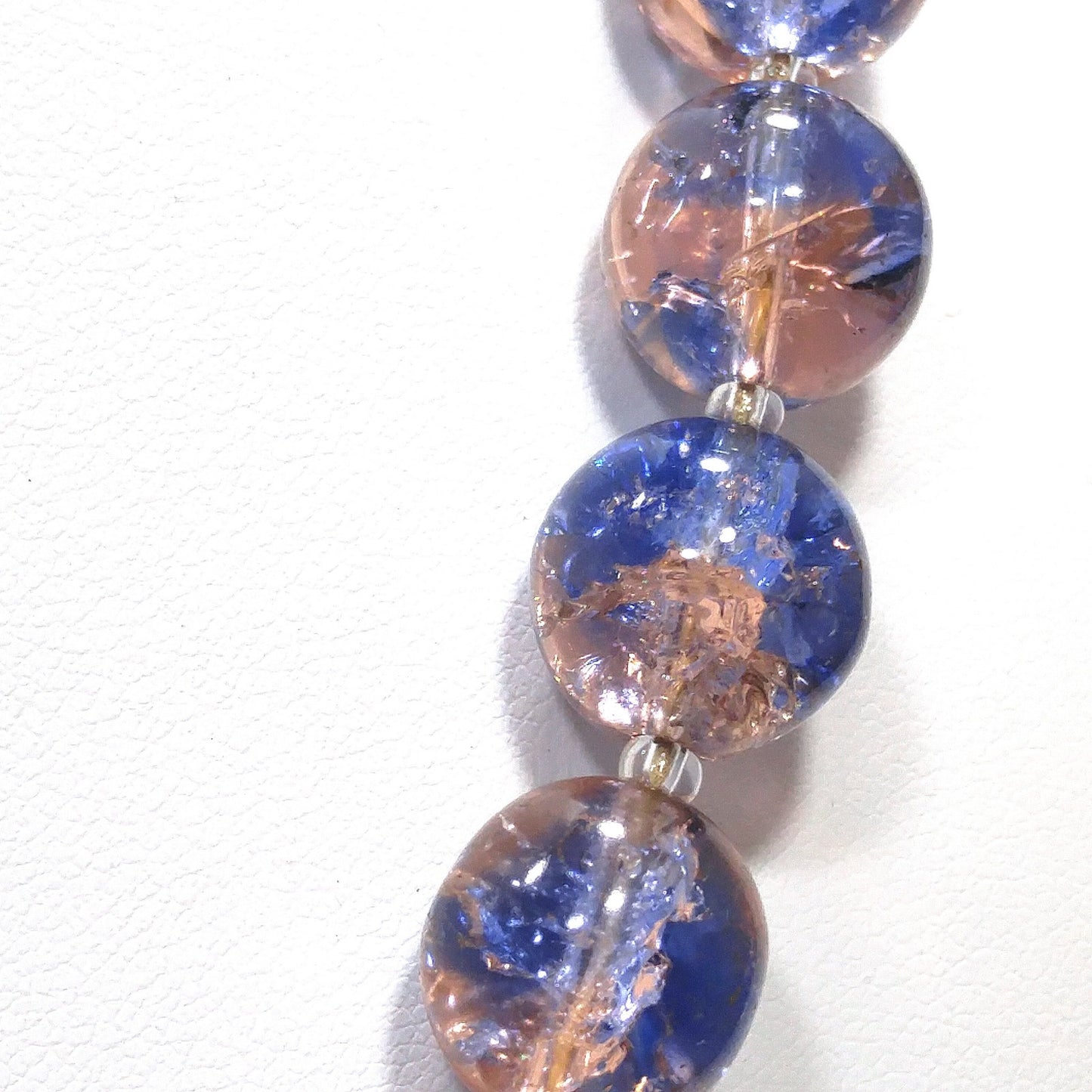 Blue Pink Crackle Glass Beaded Necklace, Filigree Brass Clasp, 1950s Vintage Jewelry