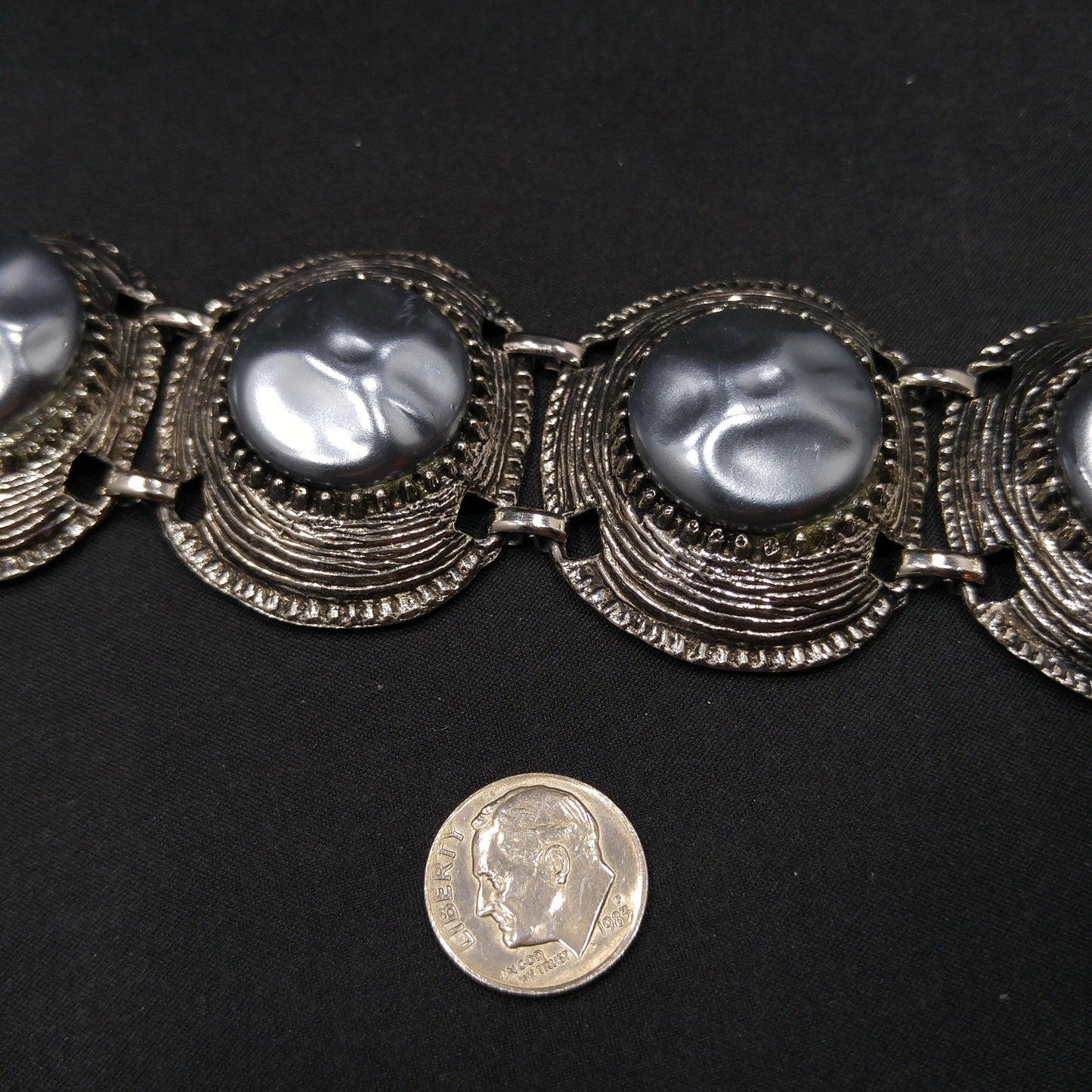 Mid-century Silver Chunky Five Link Bracelet, Gold Plated, Blue Lucite Metallic Pearled, 1960s Vintage Jewelry