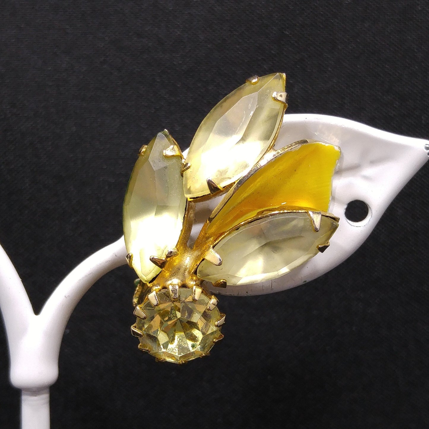Weiss Yellow Enamel Jonquil Rhinestone Clip Earrings, Gold Plated, 1950s Vintage