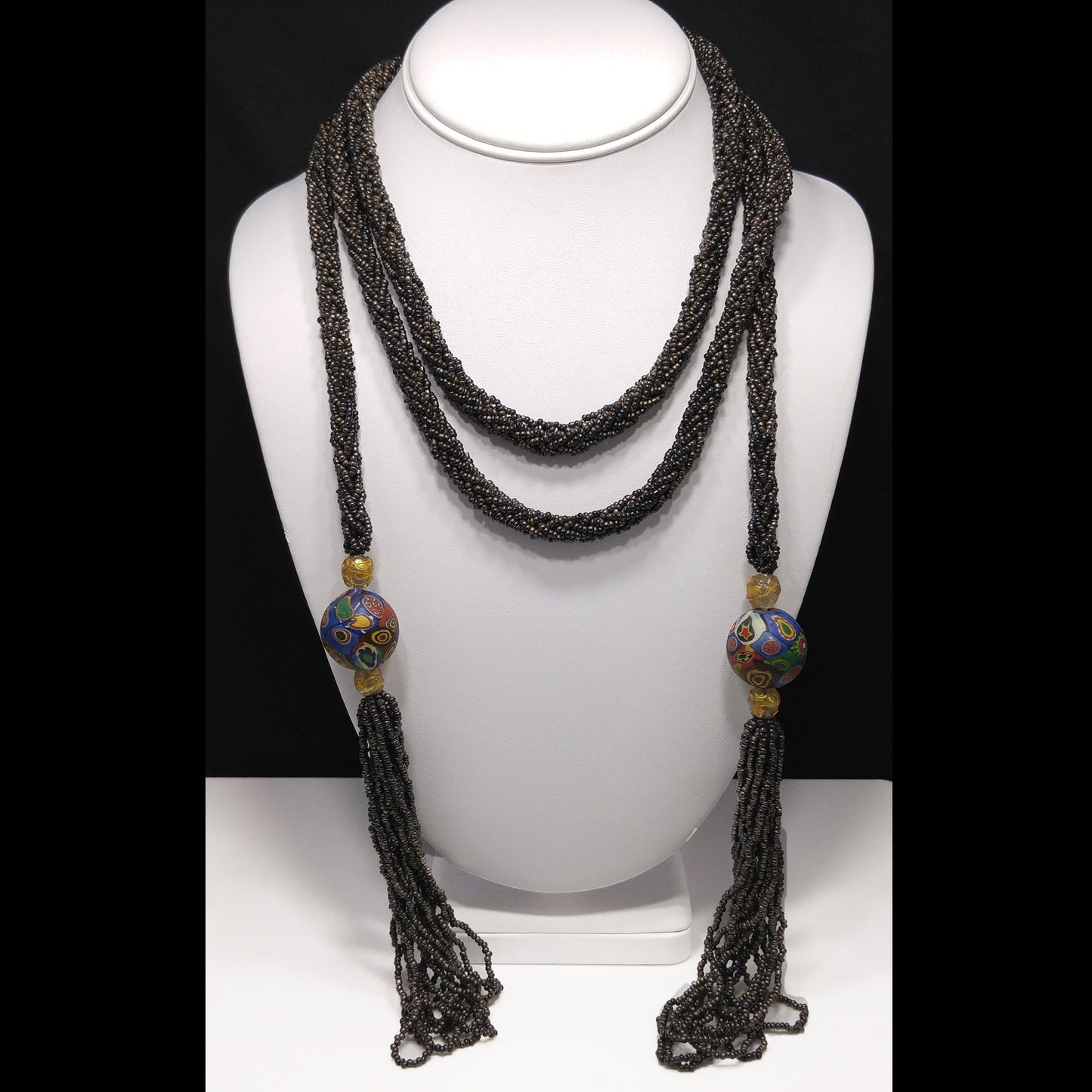 Vintage Art Deco Murano Millefiori Seed Bead Lariat Flapper Necklace, 1920s