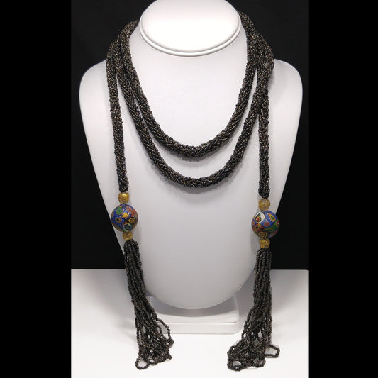 Vintage Art Deco Murano Millefiori Seed Bead Lariat Flapper Necklace, 1920s