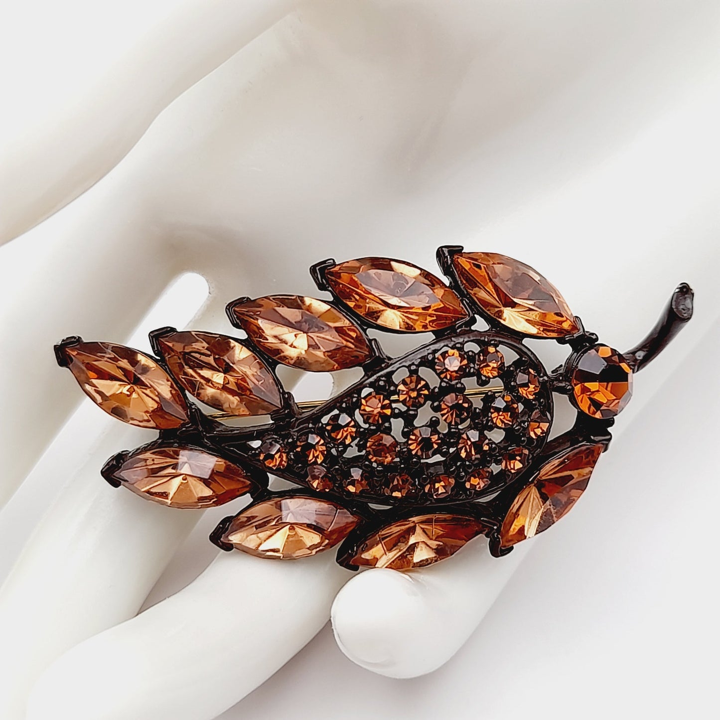 Vintage MGENT Topaz Rhinestone Leaf Japanned Brooch Pin