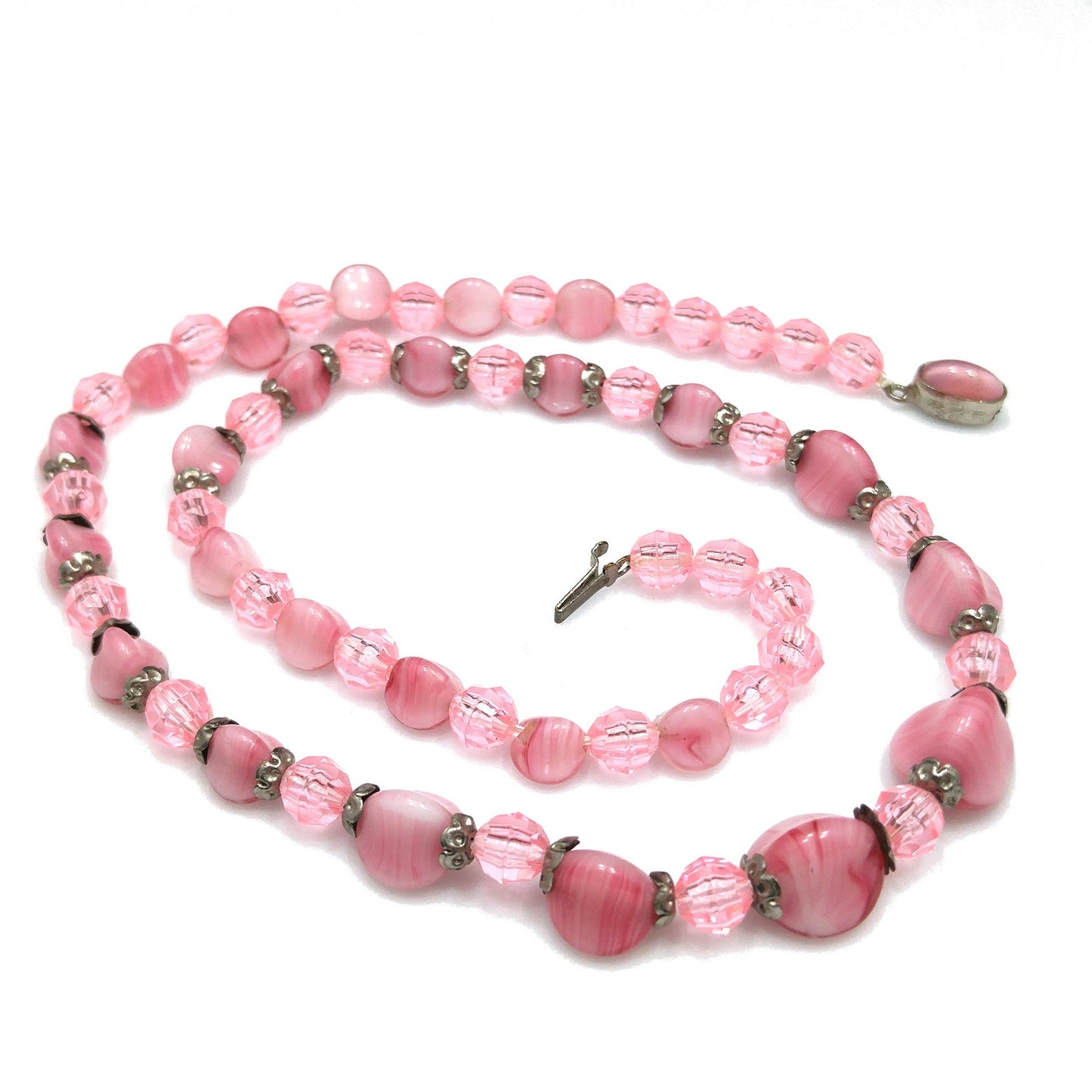 Czech Glass & Thermoset Beaded Necklace, Pink Art Glass Beads, 1940s Vintage Jewelry