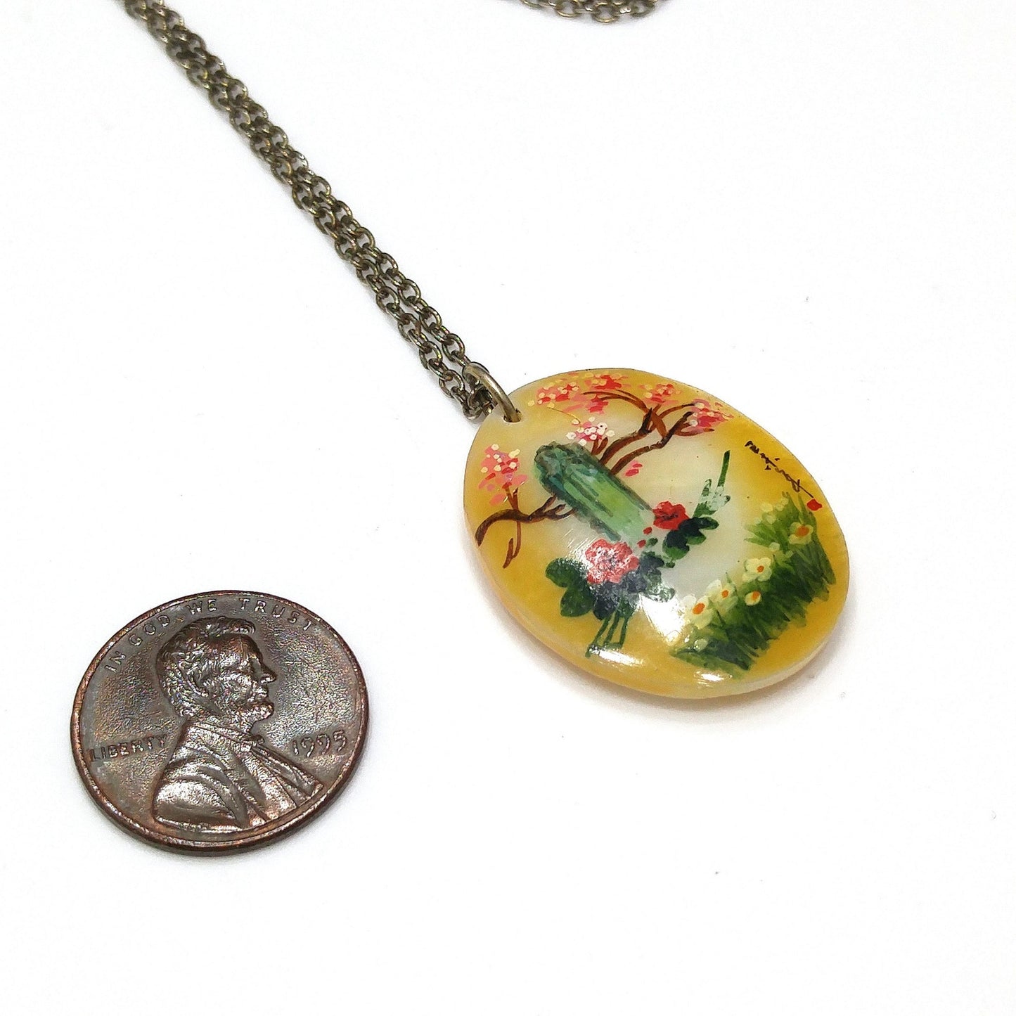 Vintage Asian Hand Painted Shell Pendant, Cherry Blossoms, 1960s Vintage Jewelry