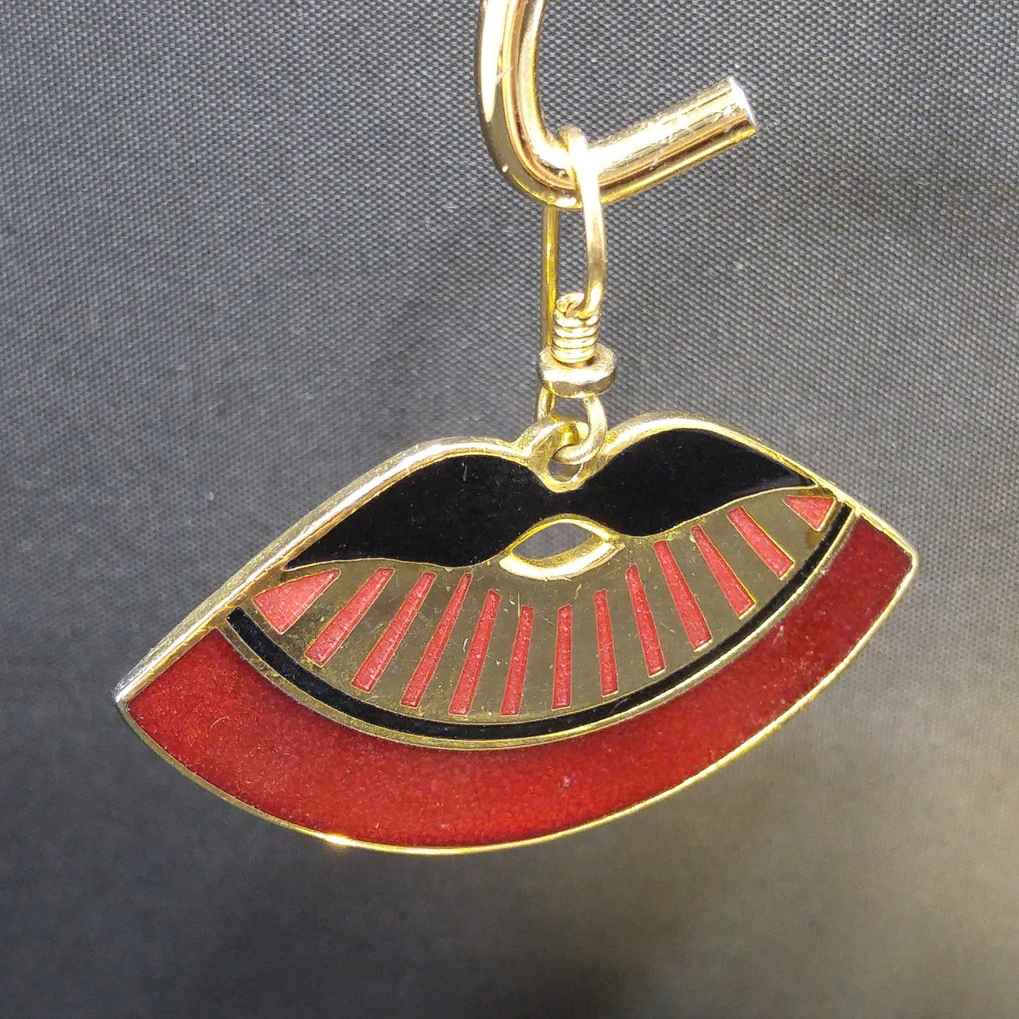 Laurel Burch Metallic Red Fan Earrings, Cloisonne Gold Plate Enamel, 1980s Vintage Jewelry