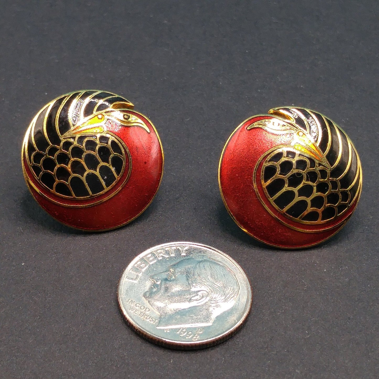 Vintage Laurel Burch "Mynah Bird" Post Earrings, Red Black Enamel, Gold Plated