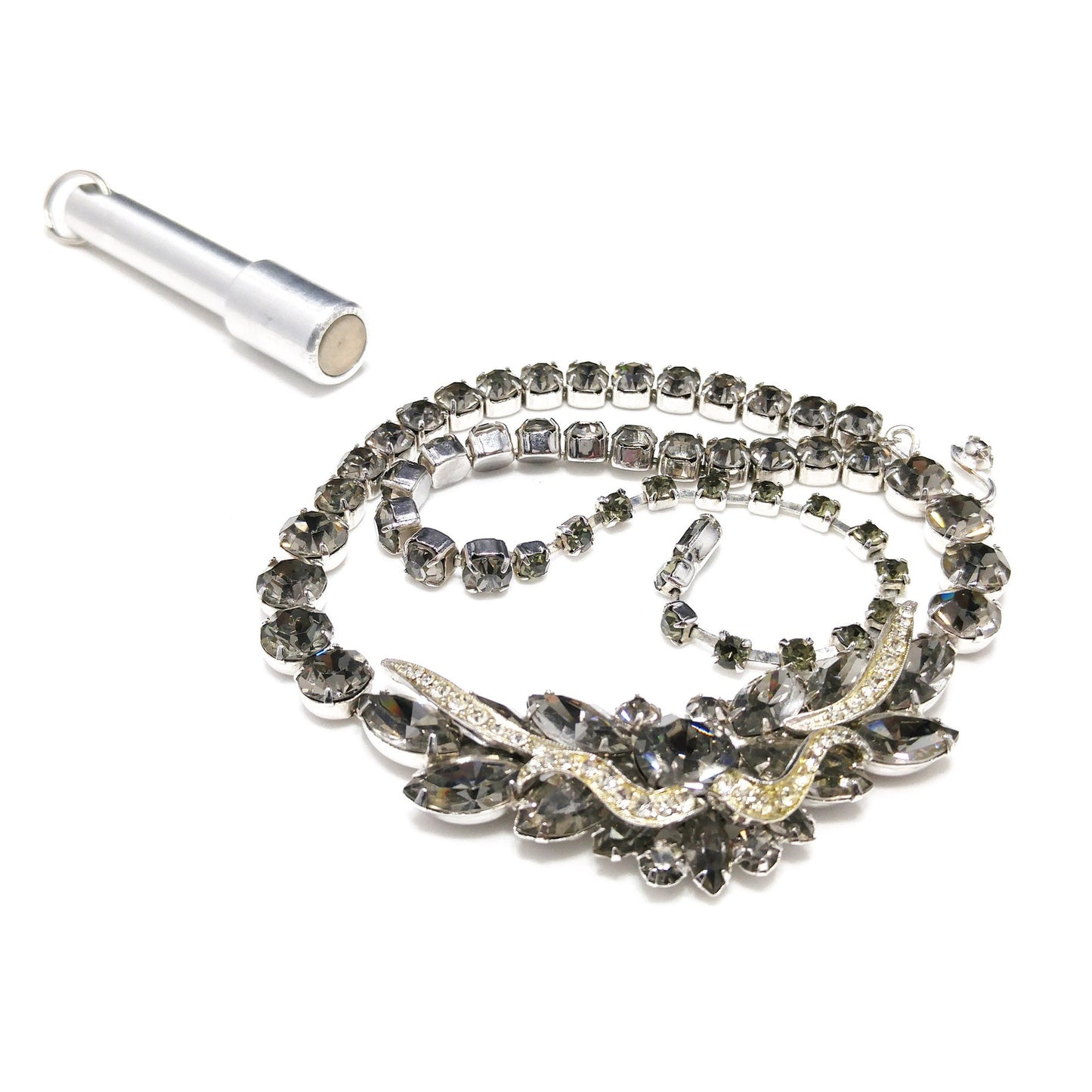 Vintage Weiss Black Diamond Rhinestone Necklace, Rhodium Plated, 1960s