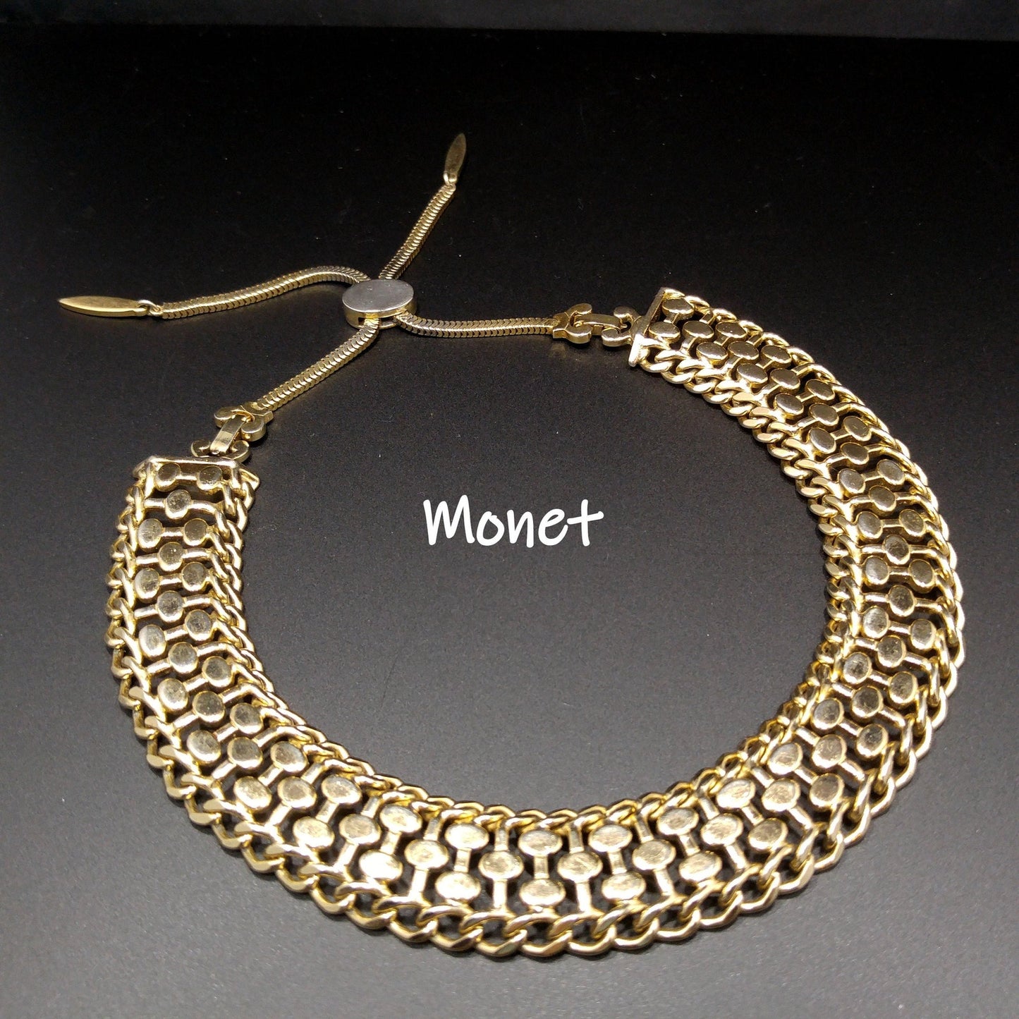 Mid Century MONET Collar Necklace, Tassel Down Back & Two Clasps, Gold Plated, 1950s Vintage Jewelry
