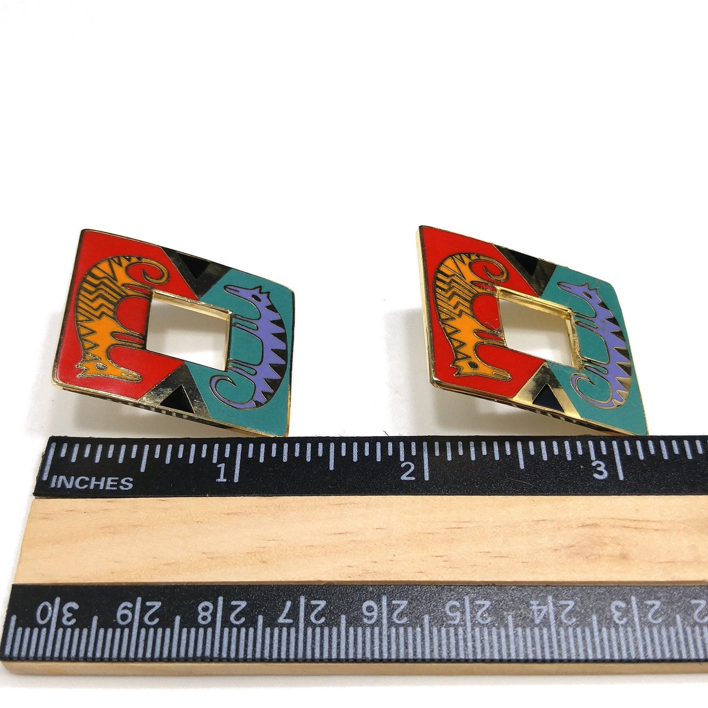 Laurel Burch "Primal Horse" Large Post Earrings, Gold Plated Cloisonné Enamel, 1980s Vintage Jewelry