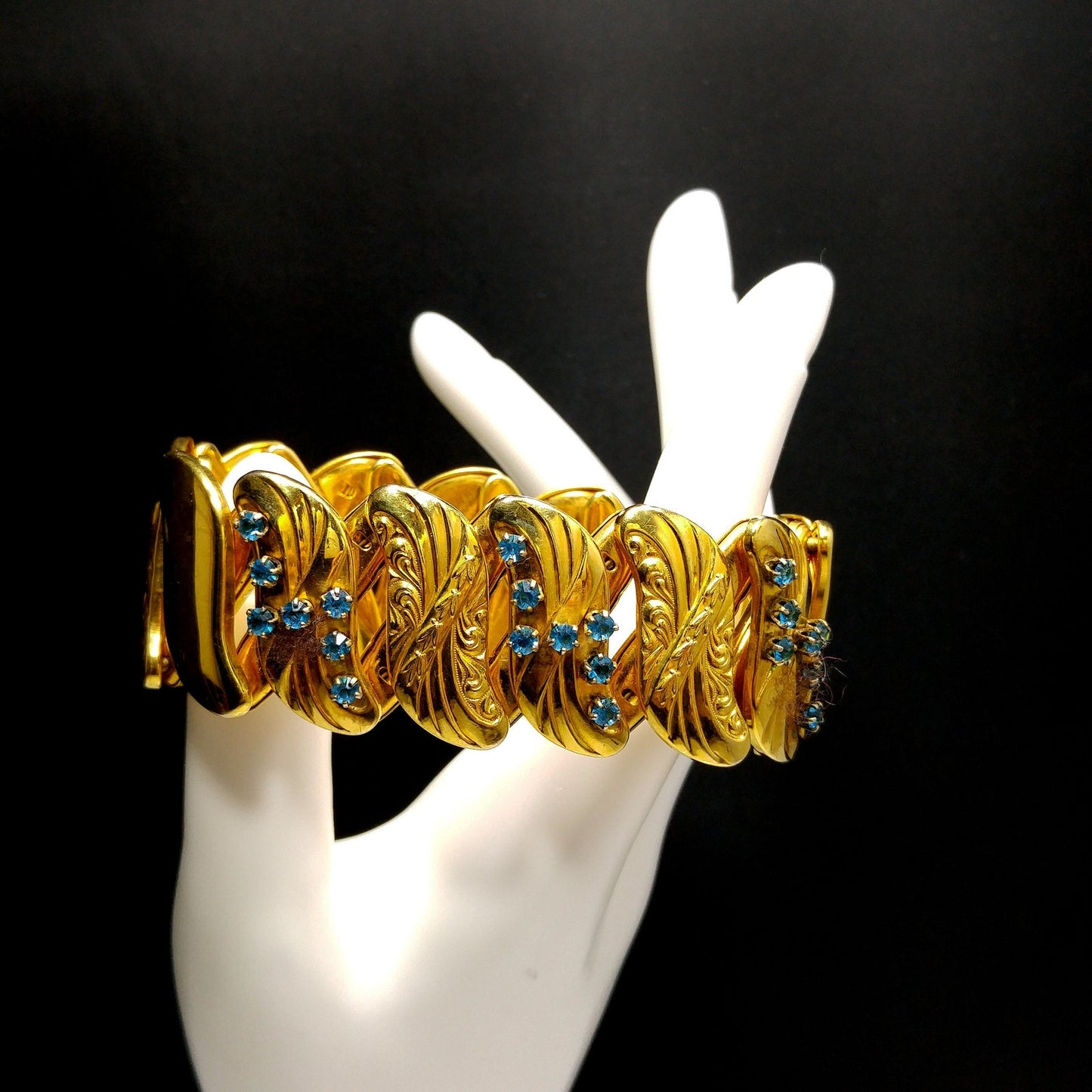 Bugbee & Niles Expansion Bracelet, Turquoise Rhinestones, 1940s Vintage Jewelry