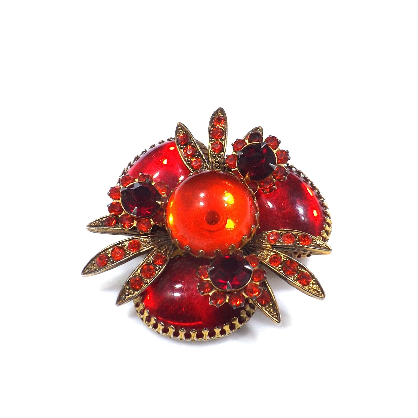 Red Rhinestone Orange Cabs Designer Brooch, Dog Tooth Cabochons, 1960s Vintage Jewelry