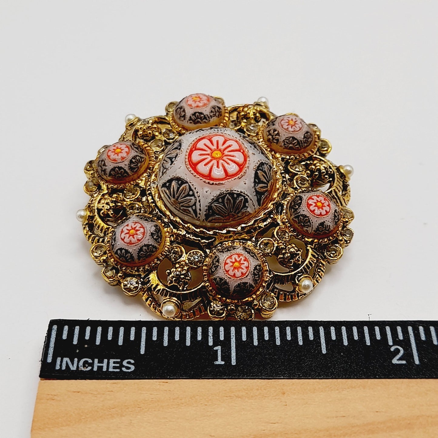 Vintage Micro Mosaic Floral Brooch, Gold Tone Filigree, 1 3/4 Inches