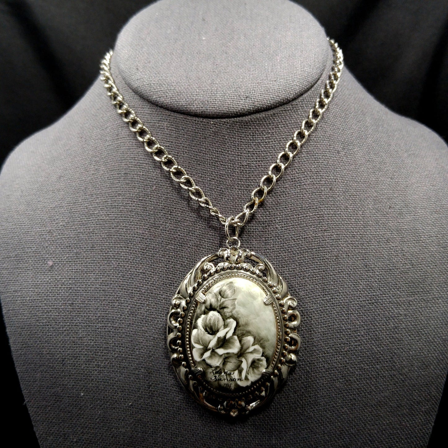 Hand Painted Monochrome Flower Pendant Necklace, Signed & Dated, 1970s Vintage Jewelry