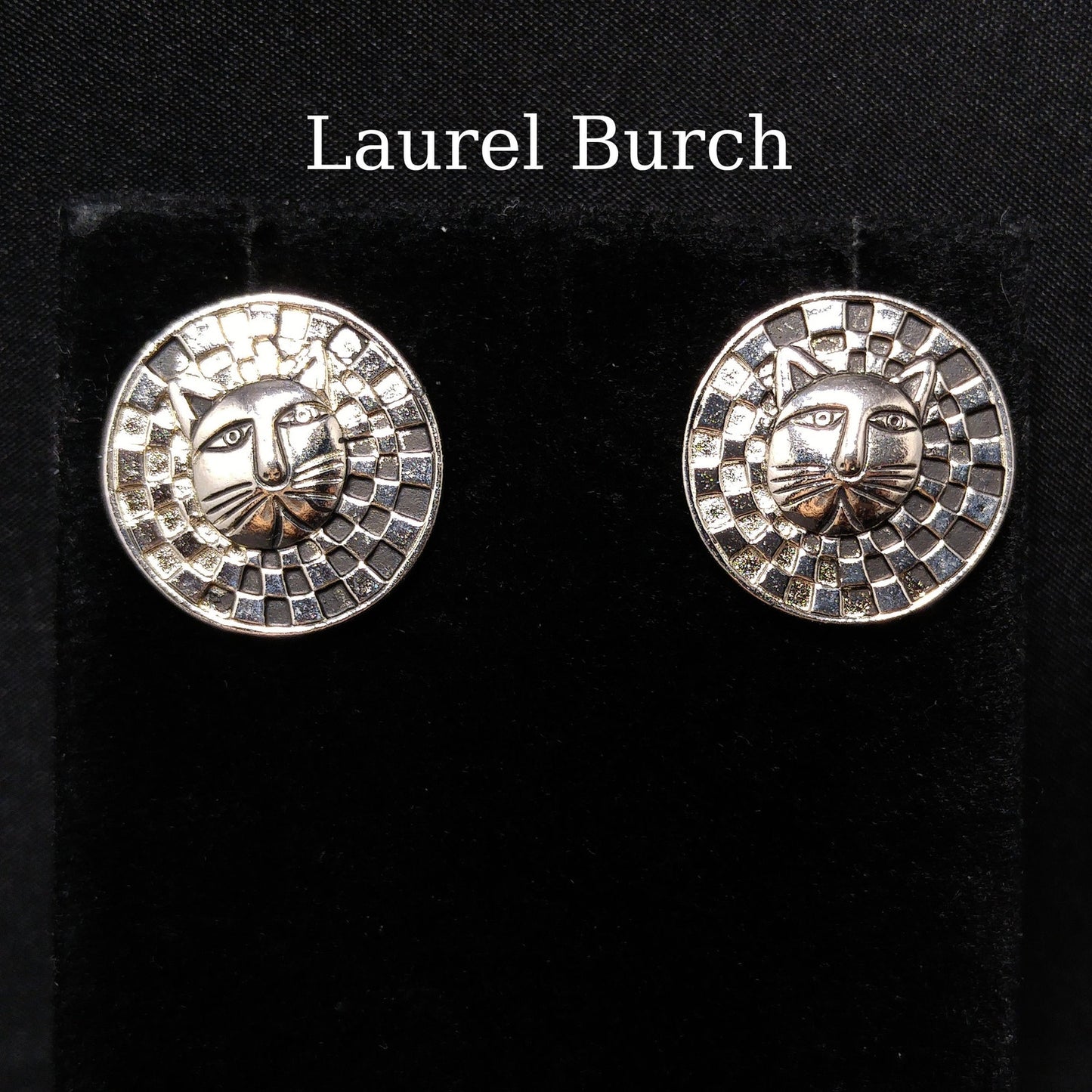 Laurel Burch Cat Face Post Earrings, Checkerboard Background, Rhodium Plate