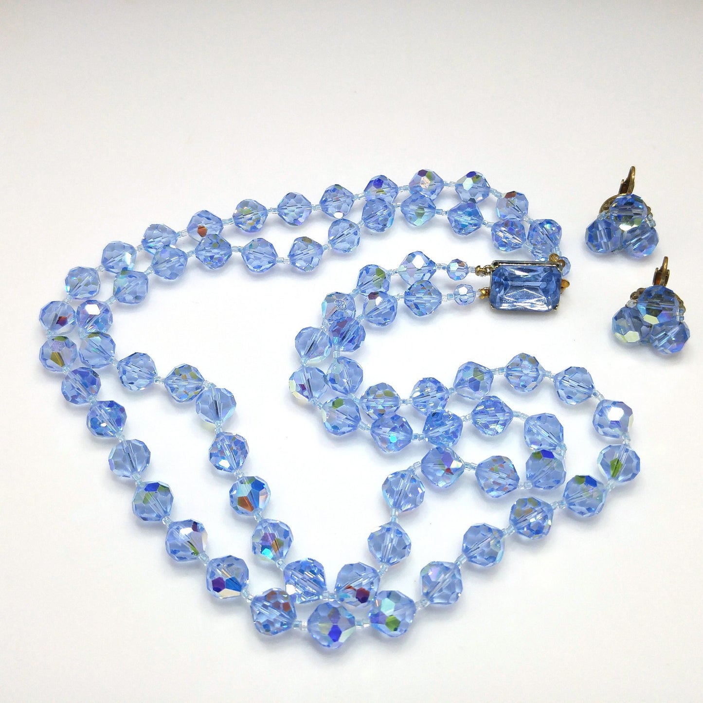 Light Blue Crystal Necklace Clip Earrings Set, Aurora Borealis, 1960s Vintage Jewelry