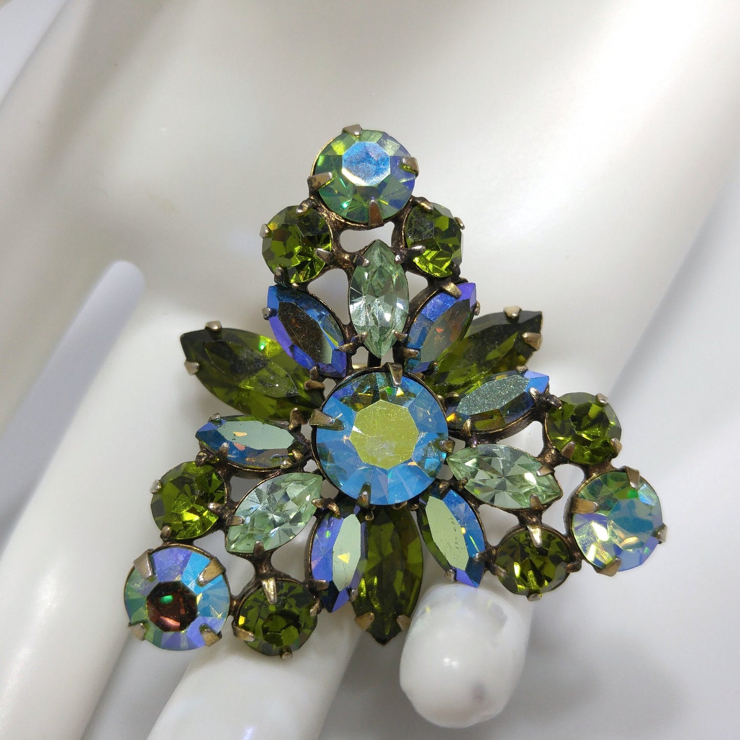 Vintage Regency Blue Green Triangular Brooch, Aurora Borealis, 1960s
