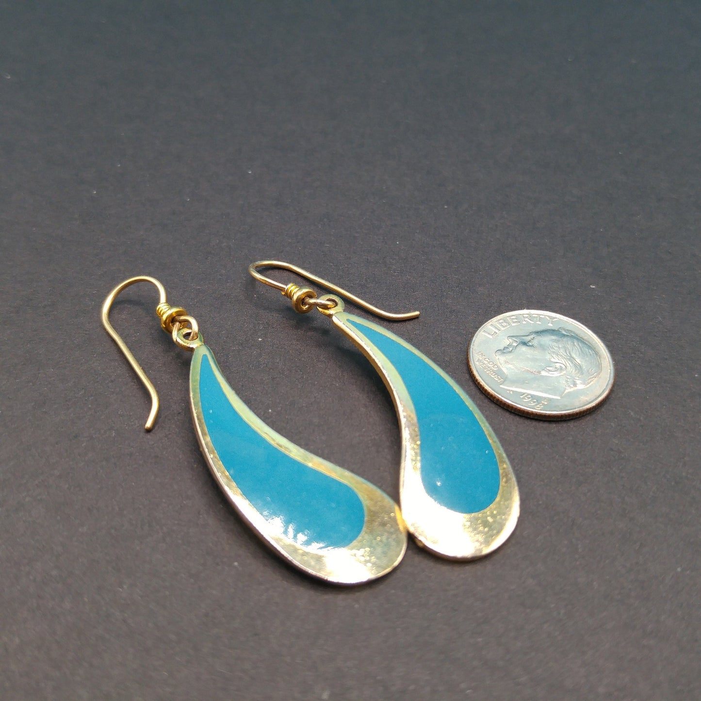 Vintage Laurel Burch Turquoise Drop Earrings, Curved Teardrop, Gold Plated