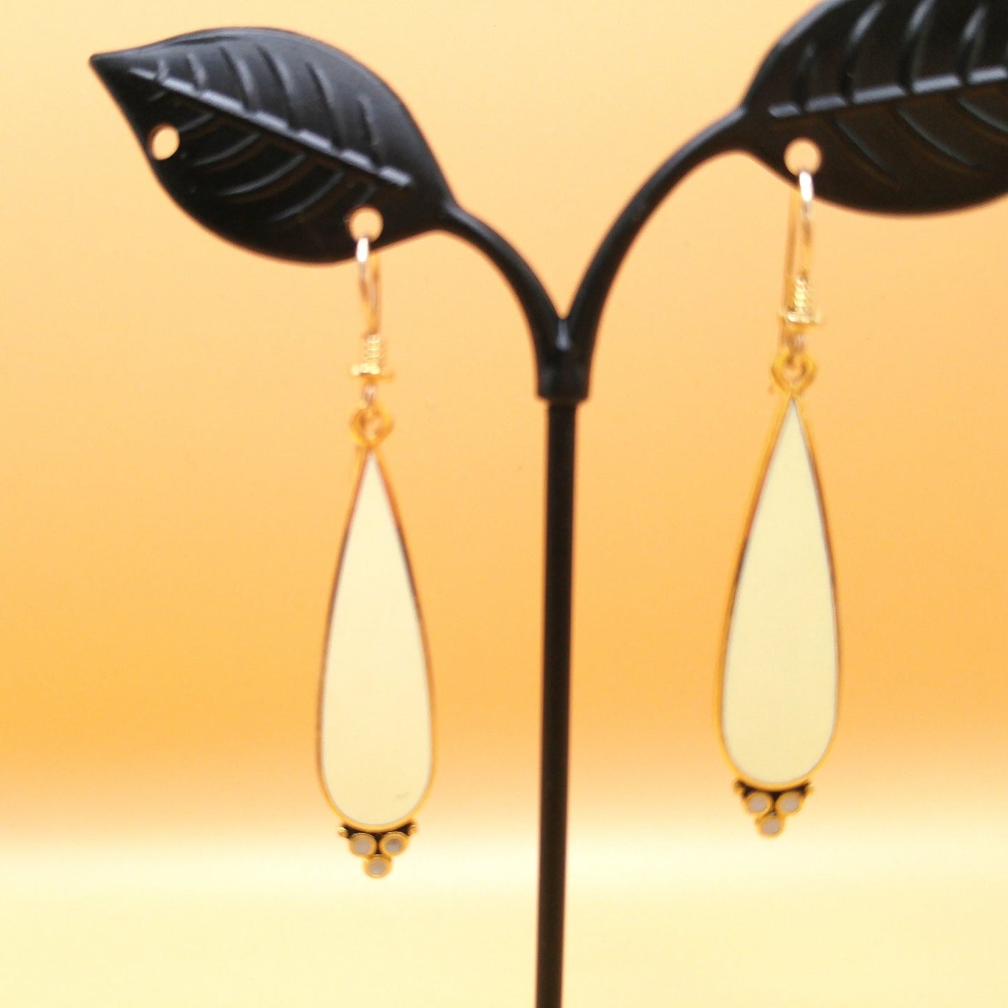 Laurel Burch Cream White Drop Earrings, Gold Plated, 1980s Vintage Jewelry