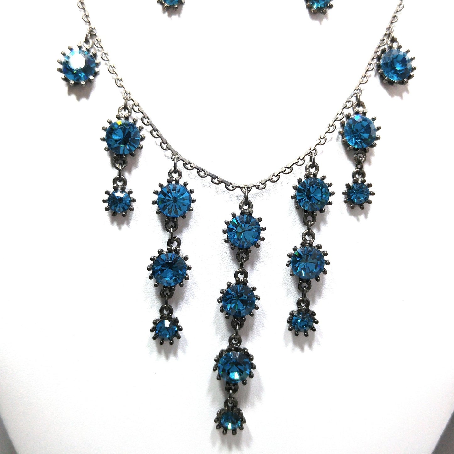 Austrian Crystal Turquoise Necklace Earrings Set, Long Post Earrings, Vintage Jewelry