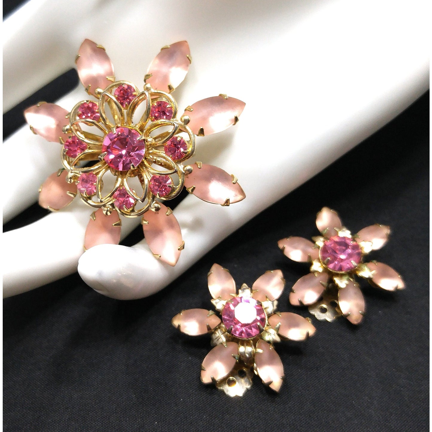 Mid-Century Pink Flower Brooch & Earrings, Frosty Light Pink Cabs, Hot Pink Rhinestones, 1950s Vintage Jewelry