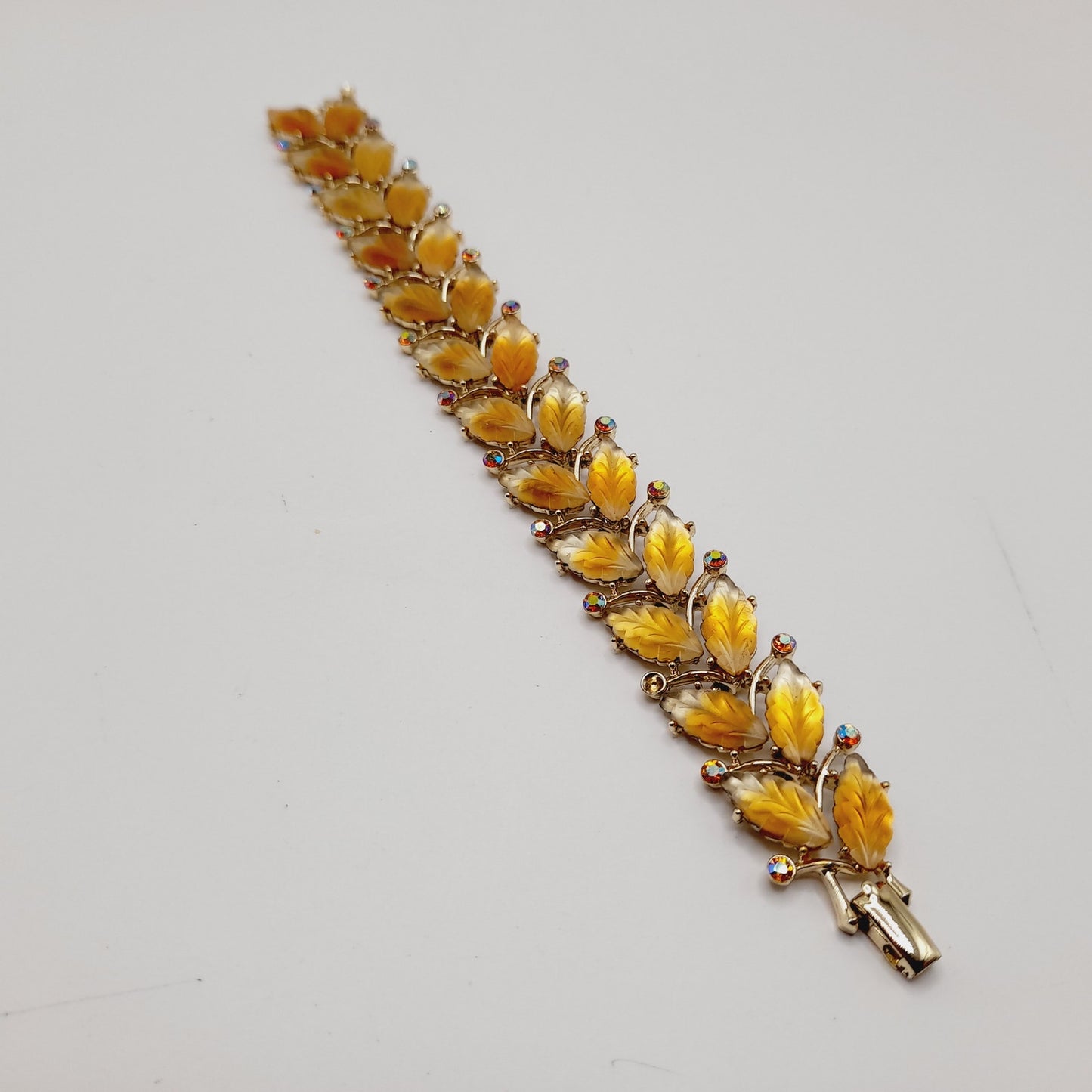 Vintage Kramer Golden Leaf Lucite AB Rhinestone Wide Bracelet