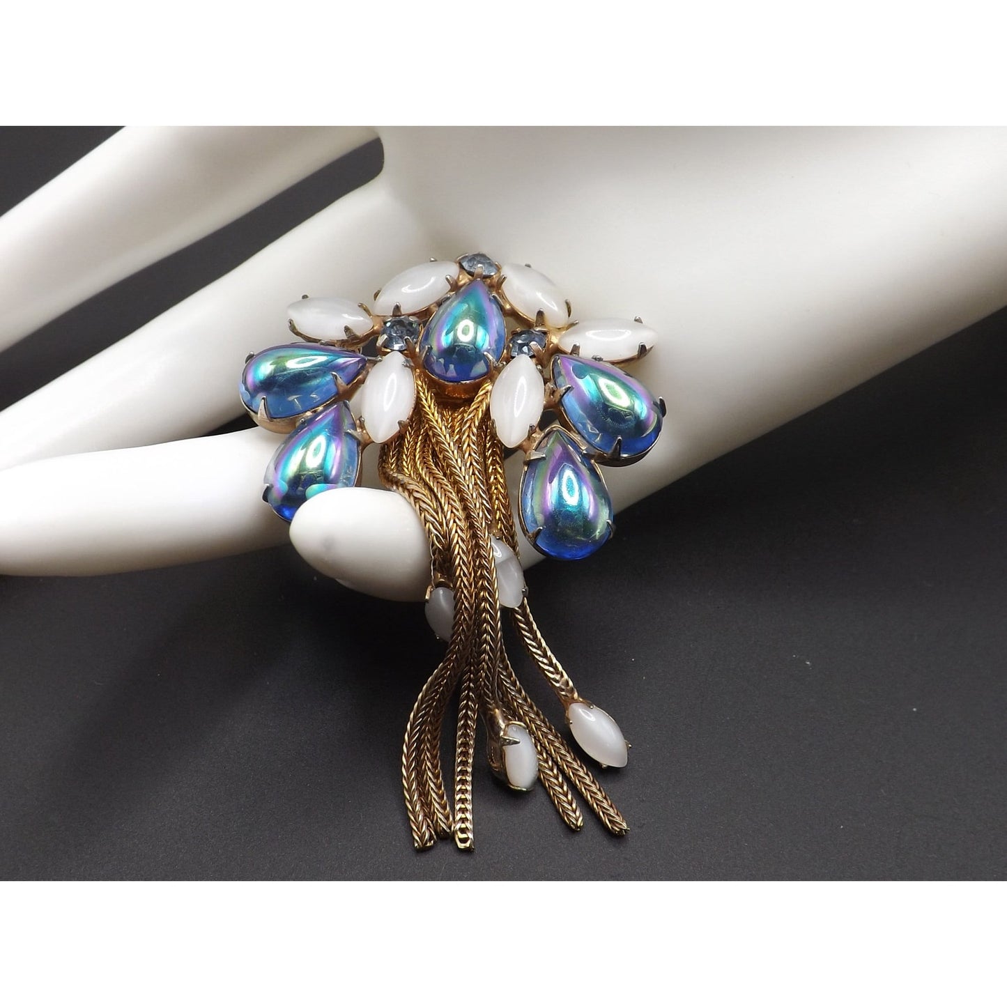 Iridescent Blue Gold Plated Fringe Brooch, White Art Glass Stones, 1960s Vintage Jewelry