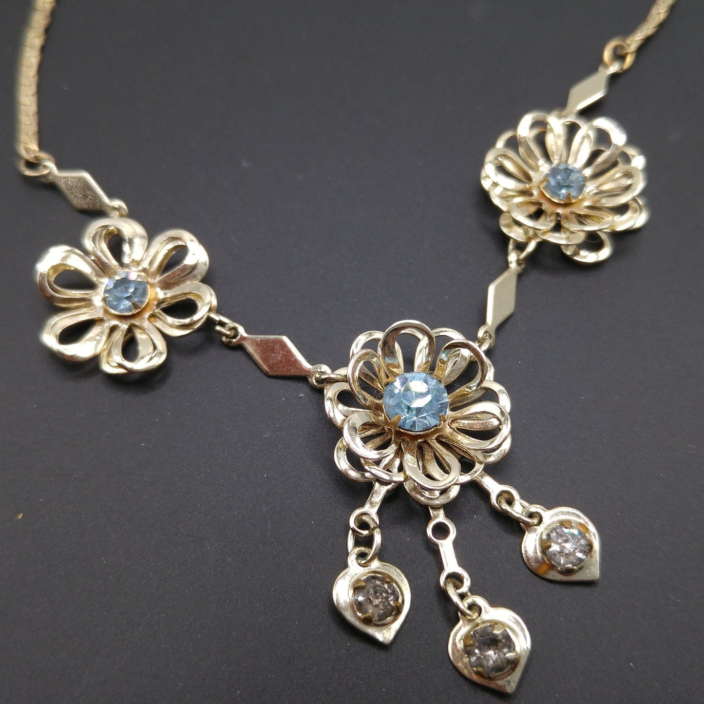 Mid-Century Floral Necklace, Light Blue Rhinestones, Gold Plated, 1950s Vintage Jewelry