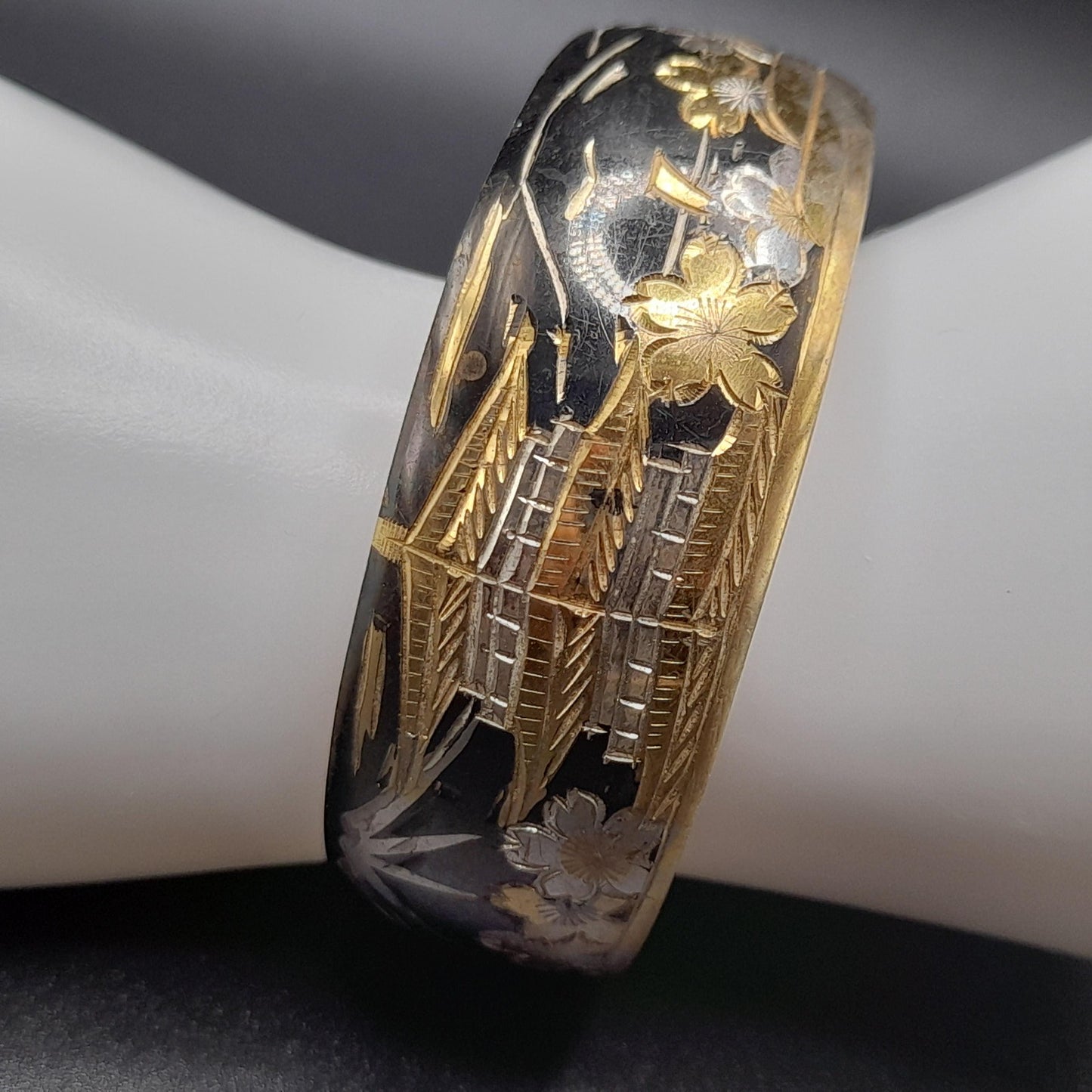 Vintage Japanese Sterling Cuff Bracelet, Mt. Fuji Pagoda Japanese Scene Panorama, 1960s Jewelry