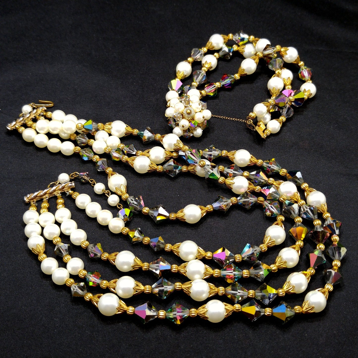 Alice Caviness Necklace & Bracelet Set, Aurora Borealis Crystal Faux Pearl Beads, 1960s Vintage Jewelry