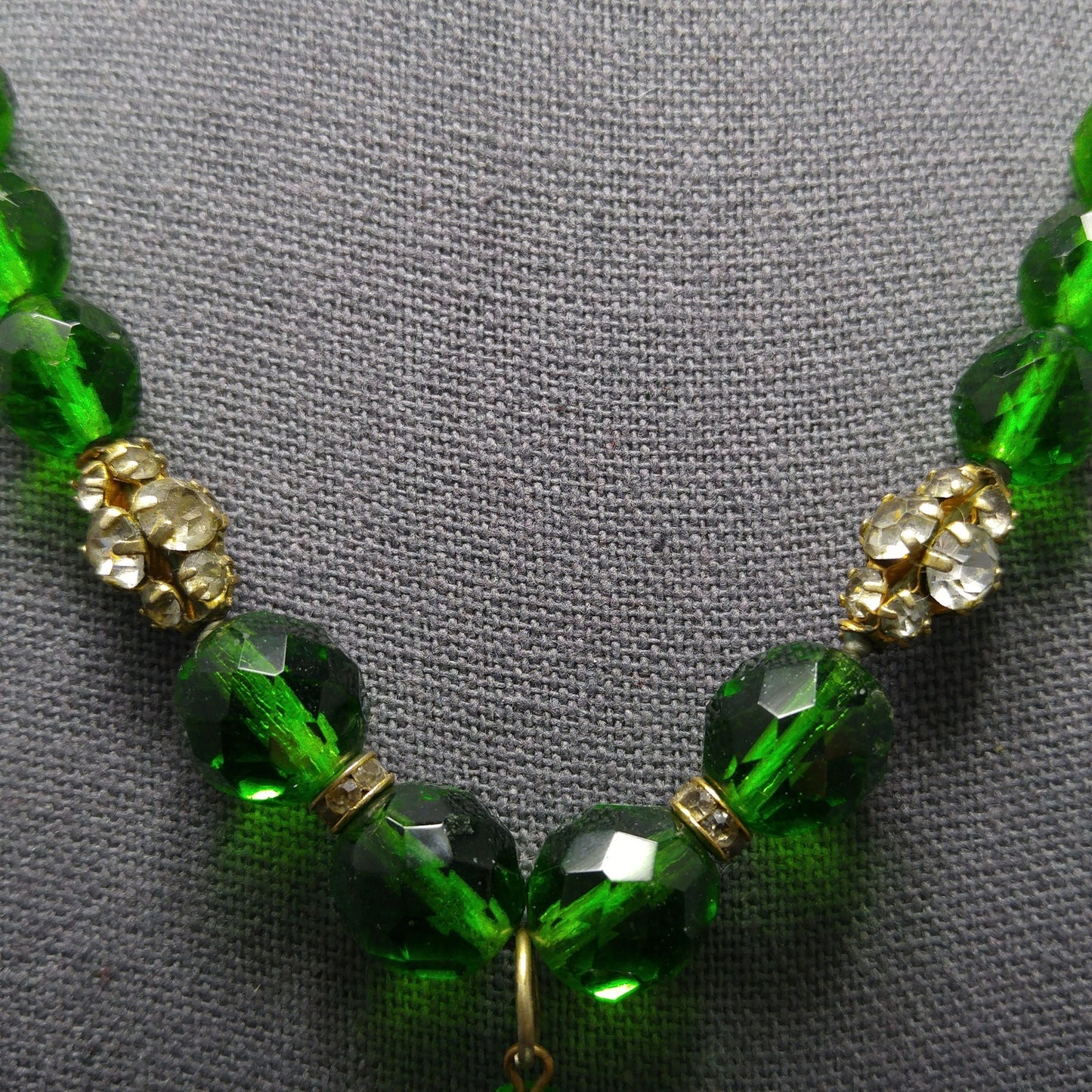 Green Czech Glass Pendant Necklace, Clear Rhinestones, 1950s Vintage Jewelry