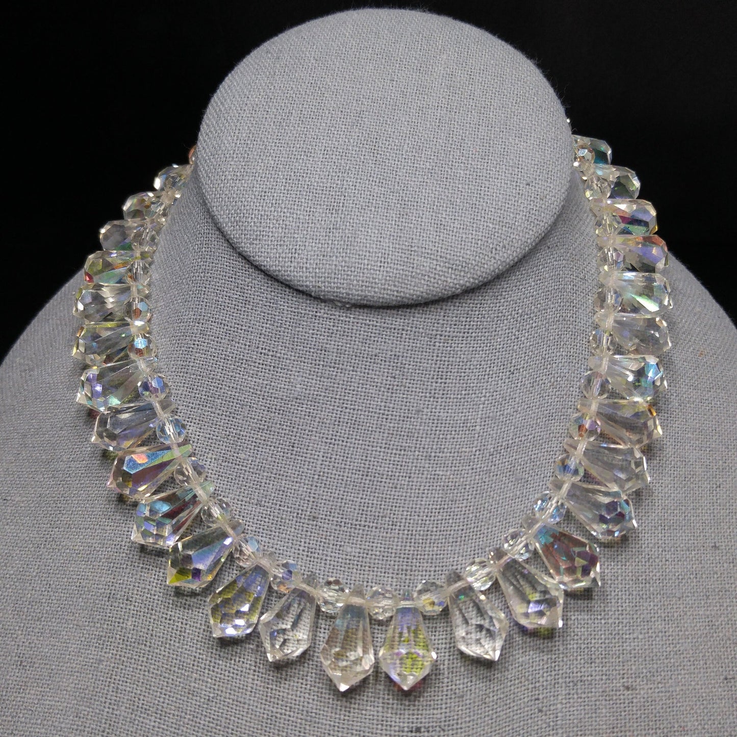 Mid-Century Crystal Teardrop Dangling Necklace, 18mm AB Crystals, 1950s Vintage Jewelry