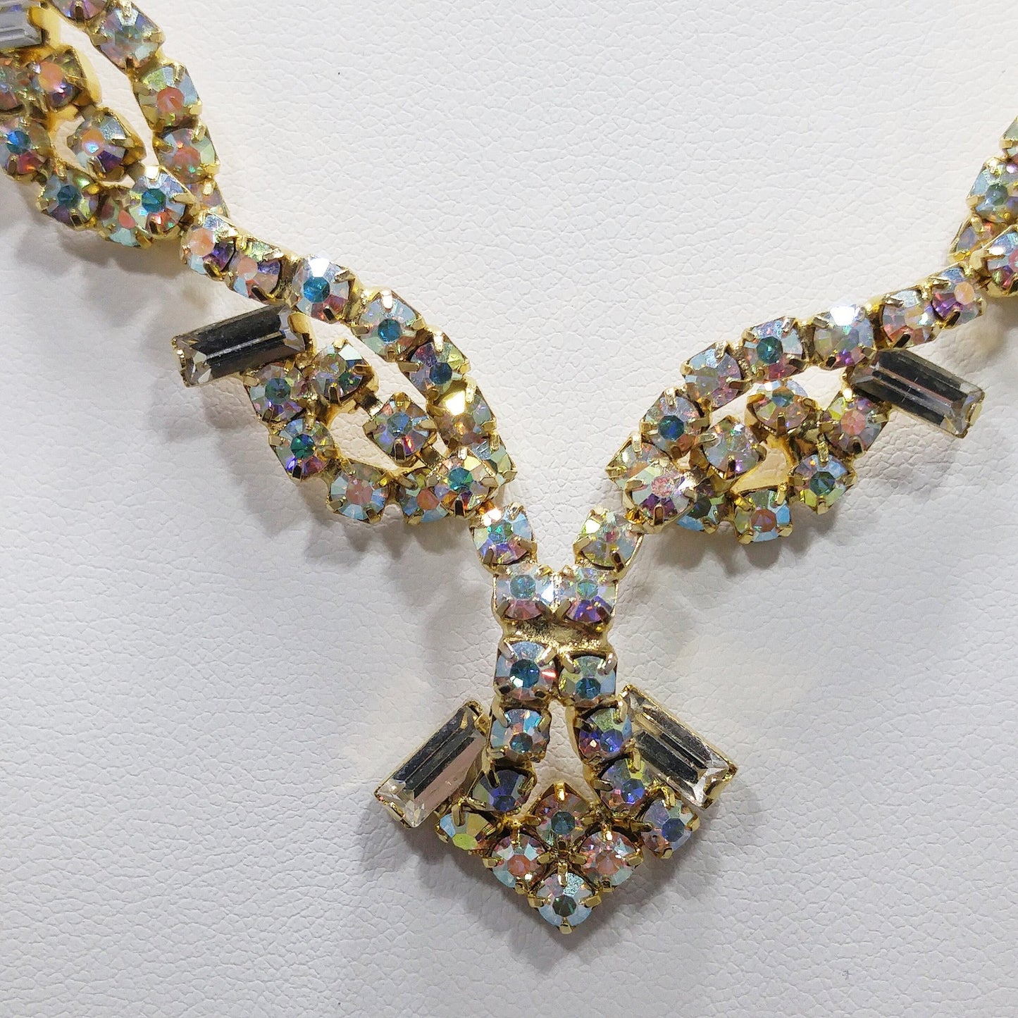 Vintage Aurora Borealis Rhinestone Choker Necklace, 3D Design, Gold Plated, 1960s Vintage Jewelry