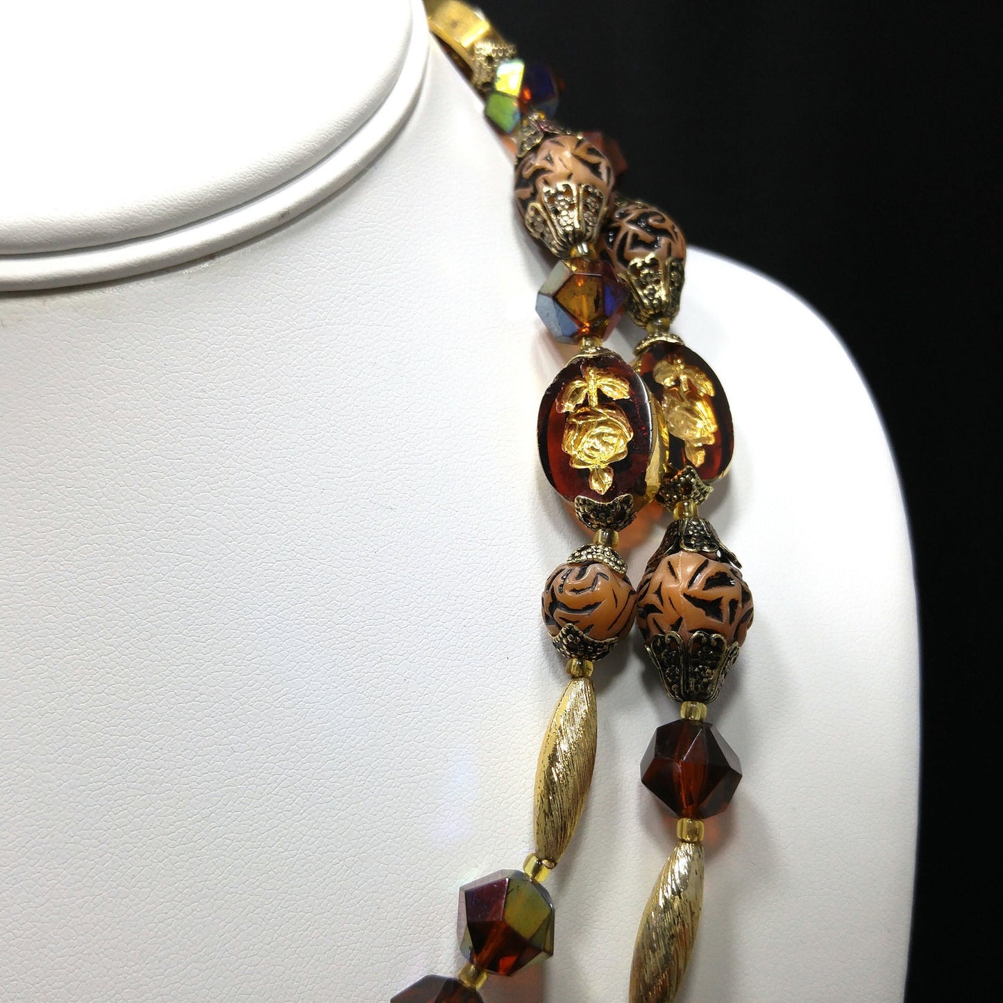 Western Germany Art Bead Floral Necklace, Two Strands, Button Box Clasp, 1950s Vintage Jewelry