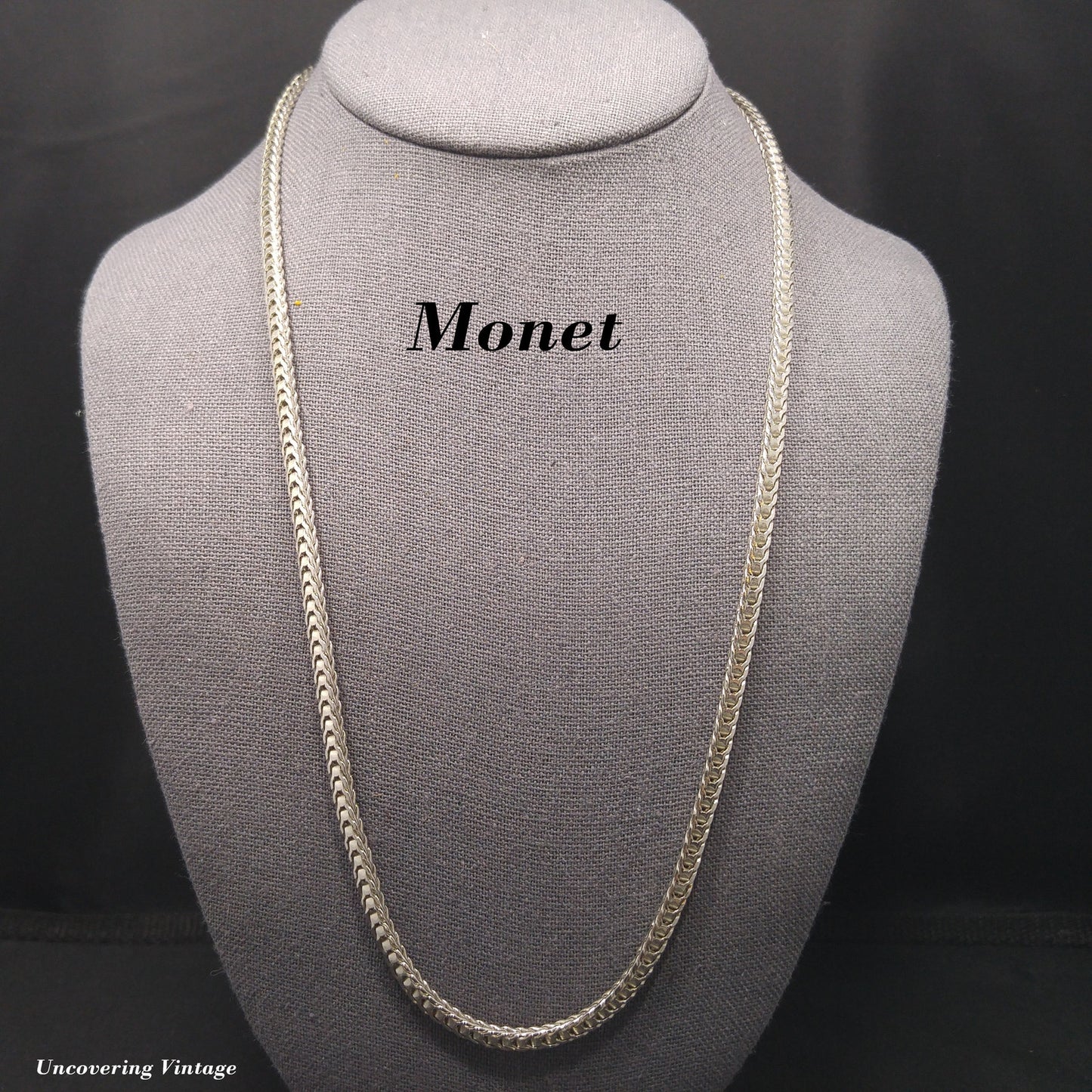 Monet Wheat Chain Necklace, Rhodium Plated, 24 Inches, 1980s Vintage Jewelry